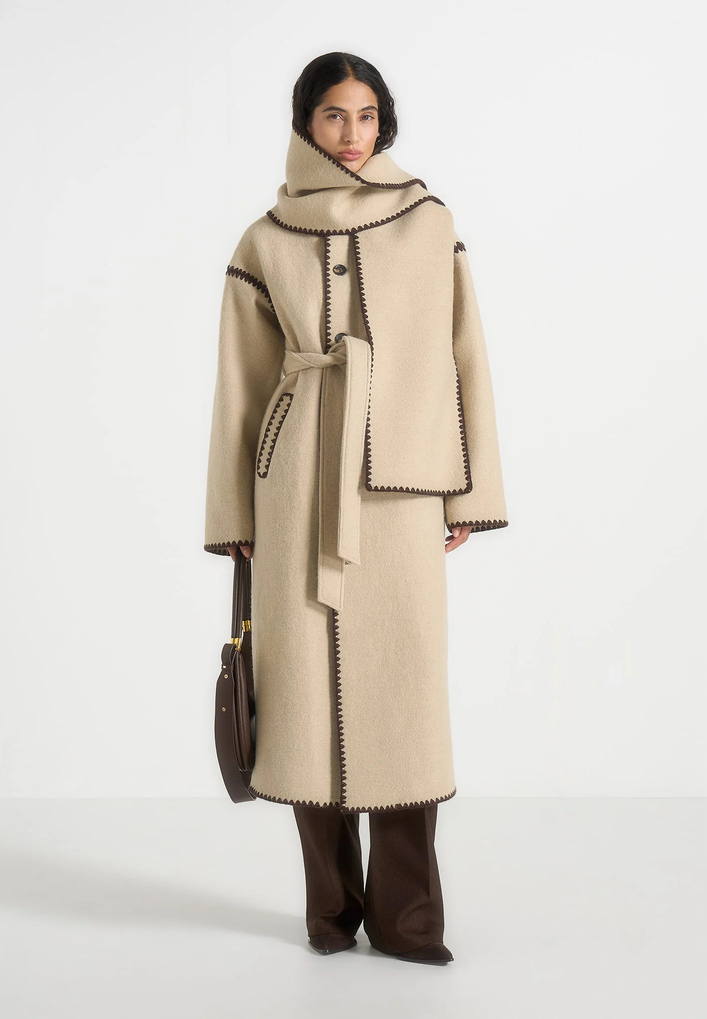 Aube - Blanket Stitch Wool Scarf - Taupe - Image 4