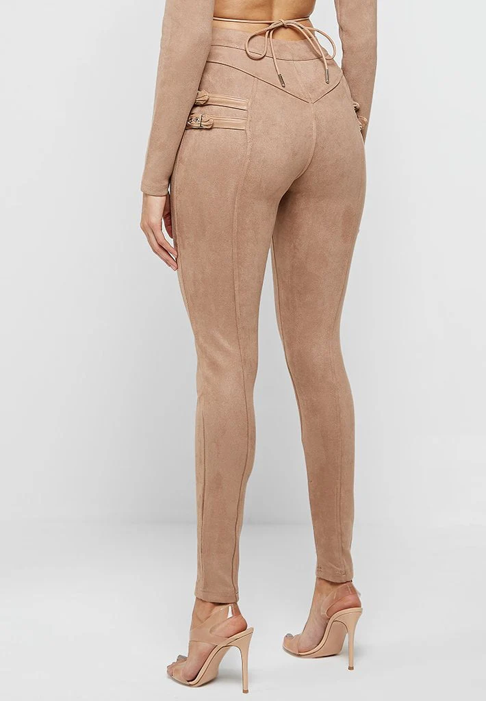 Buckle Detail Vegan Suede Leggings - Beige - Image 3