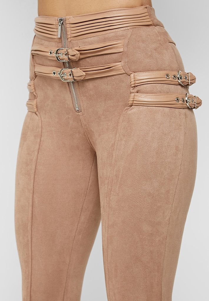 Buckle Detail Vegan Suede Leggings - Beige - Image 4