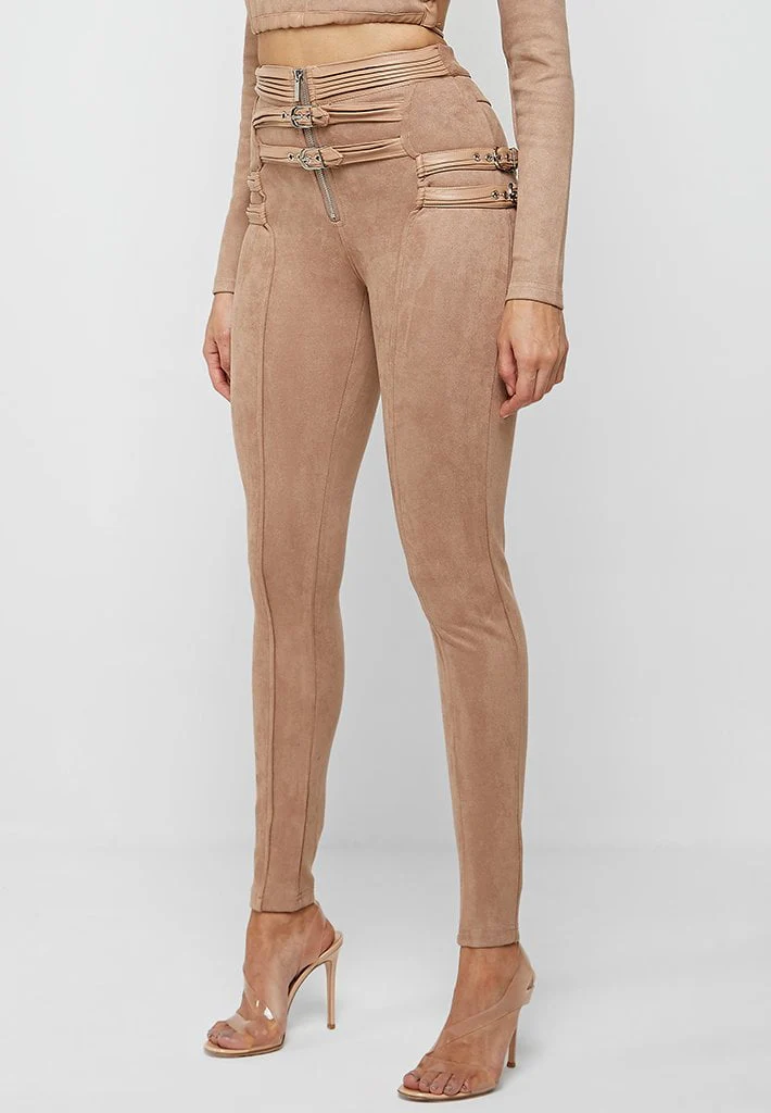 Buckle Detail Vegan Suede Leggings - Beige - Image 5