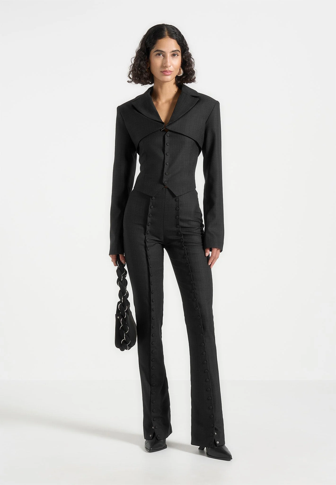 Lise - Cropped Tailored Blazer & Button Detail Bandeau - Black - Image 3