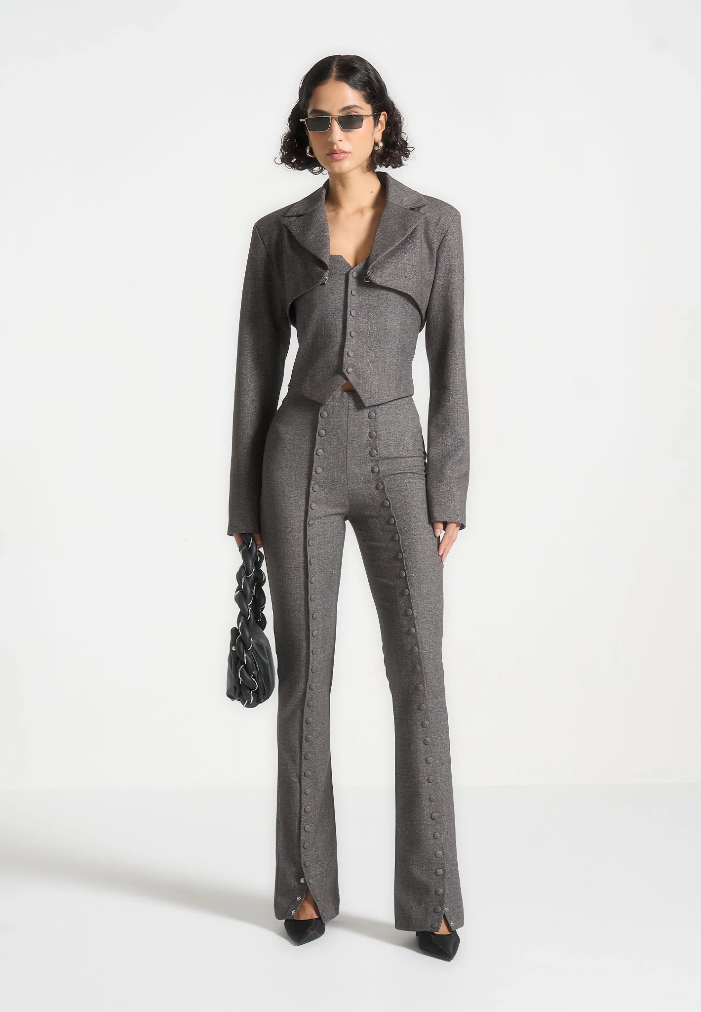 Lise - Cropped Tailored Blazer & Button Detail Bandeau - Dark Grey - Image 3
