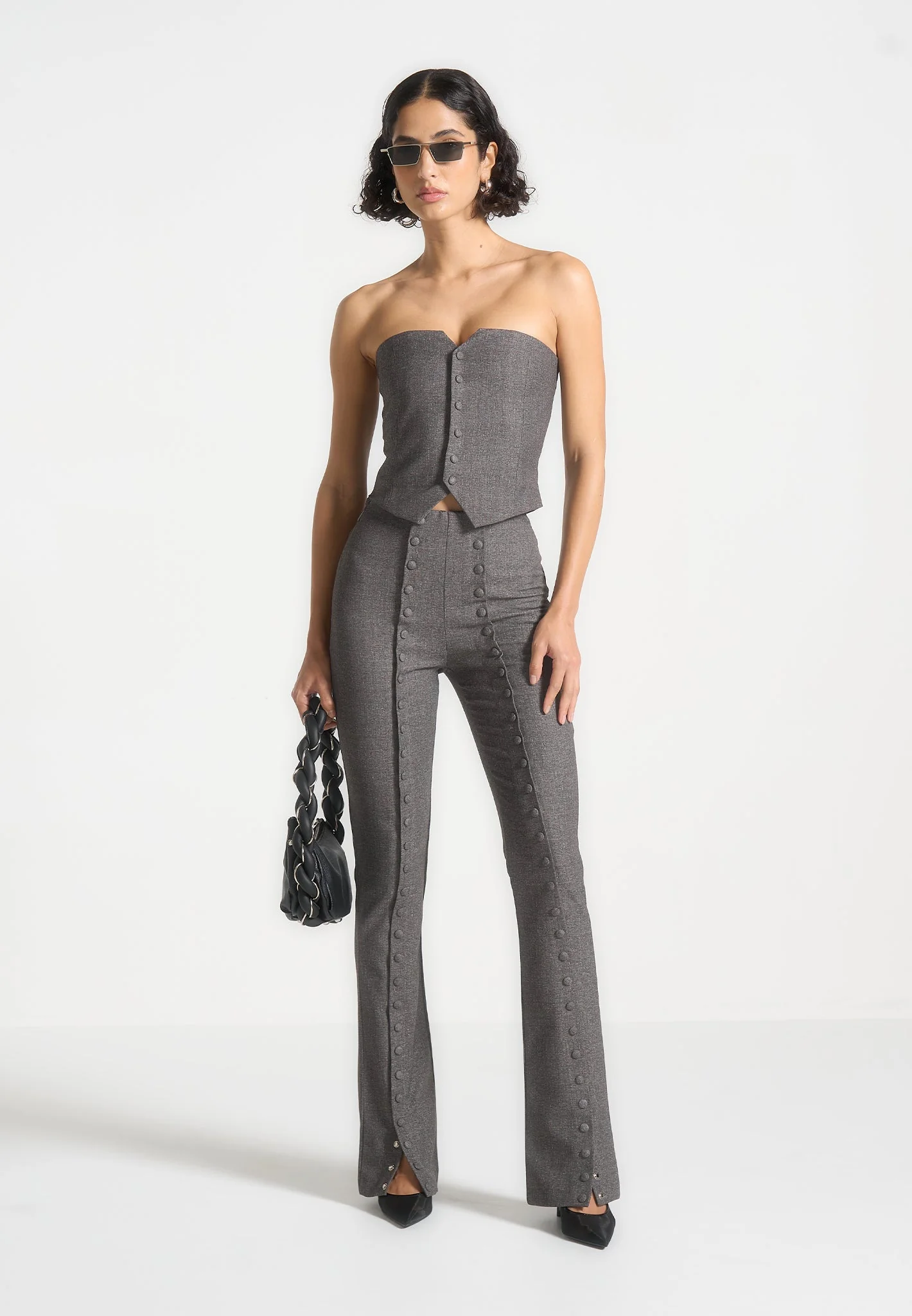 Lise - Cropped Tailored Blazer & Button Detail Bandeau - Dark Grey - Image 4