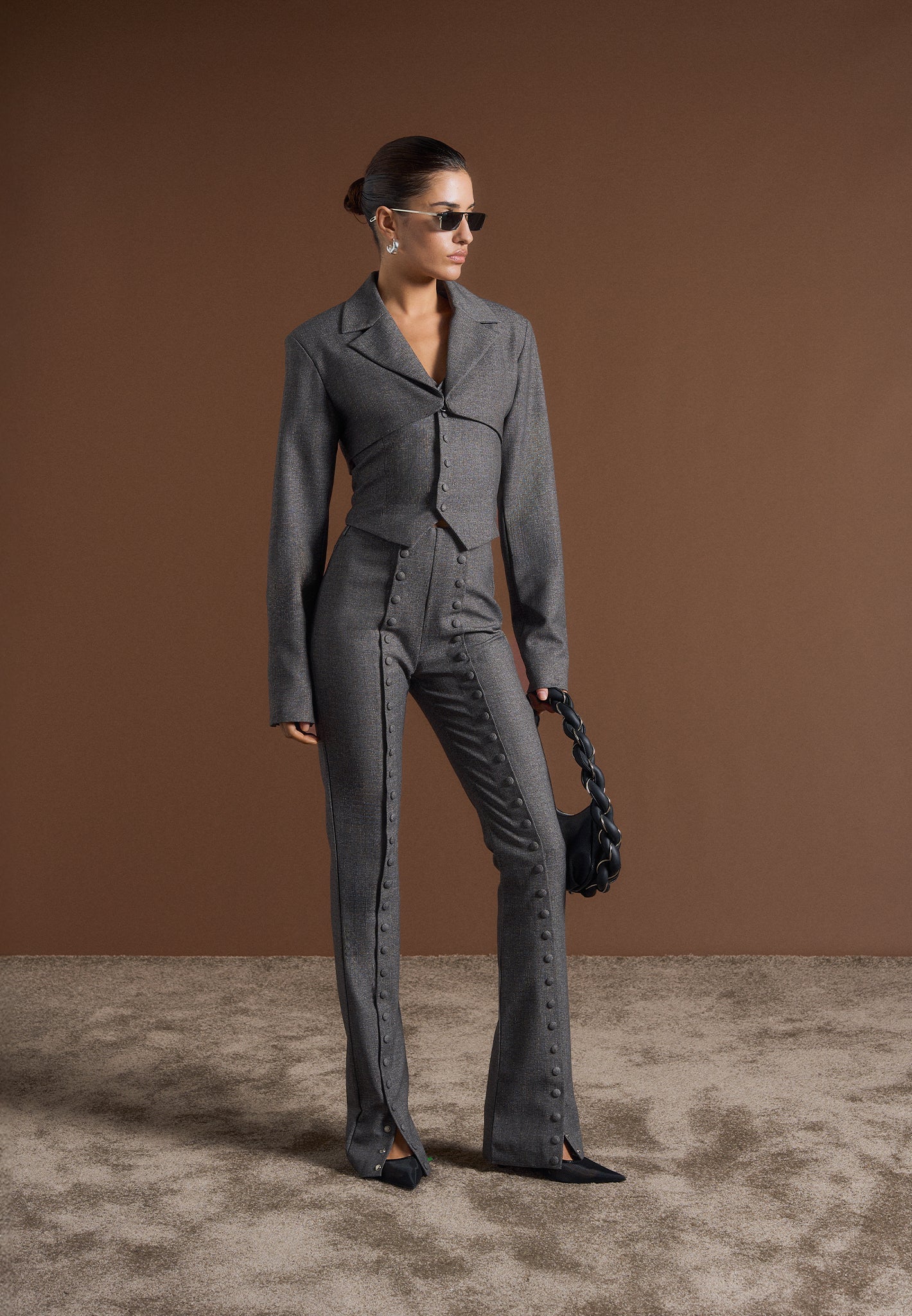 Lise - Cropped Tailored Blazer & Button Detail Bandeau - Dark Grey - Image 5