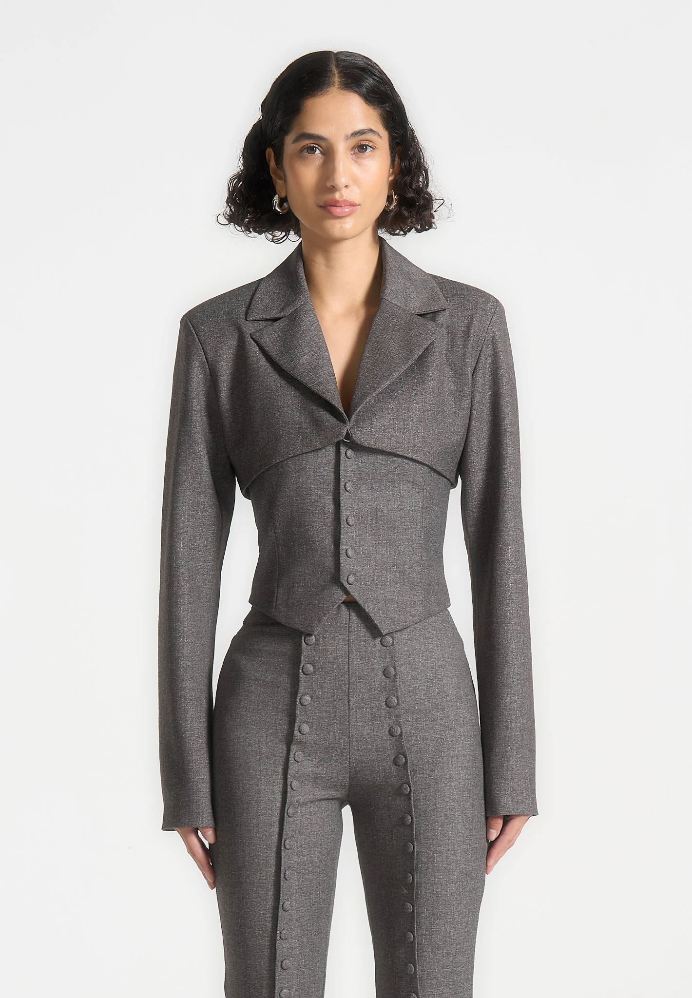 Lise - Cropped Tailored Blazer & Button Detail Bandeau - Dark Grey - Image 8