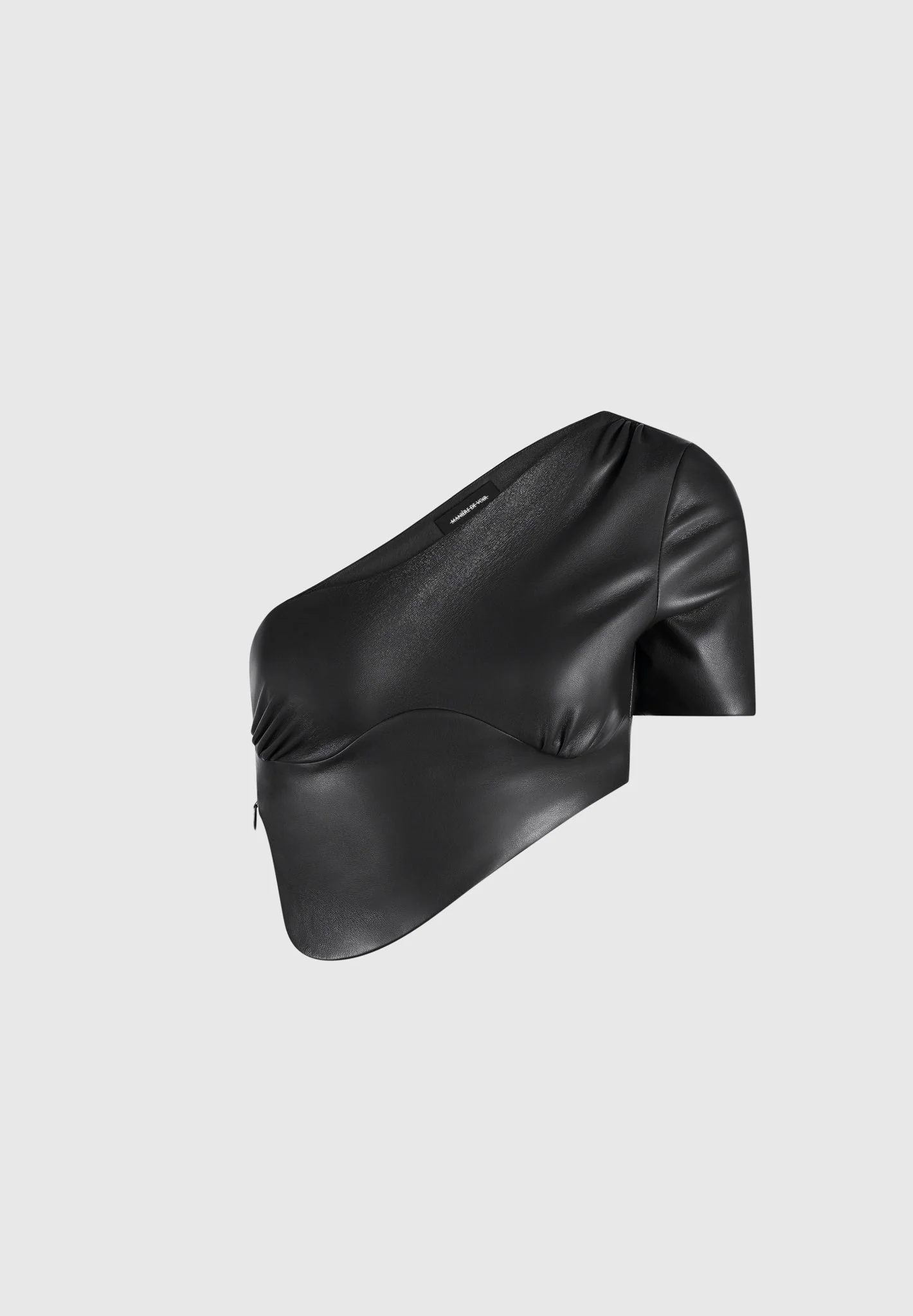 Curved Hem Leather Crop Top - Black - Image 5