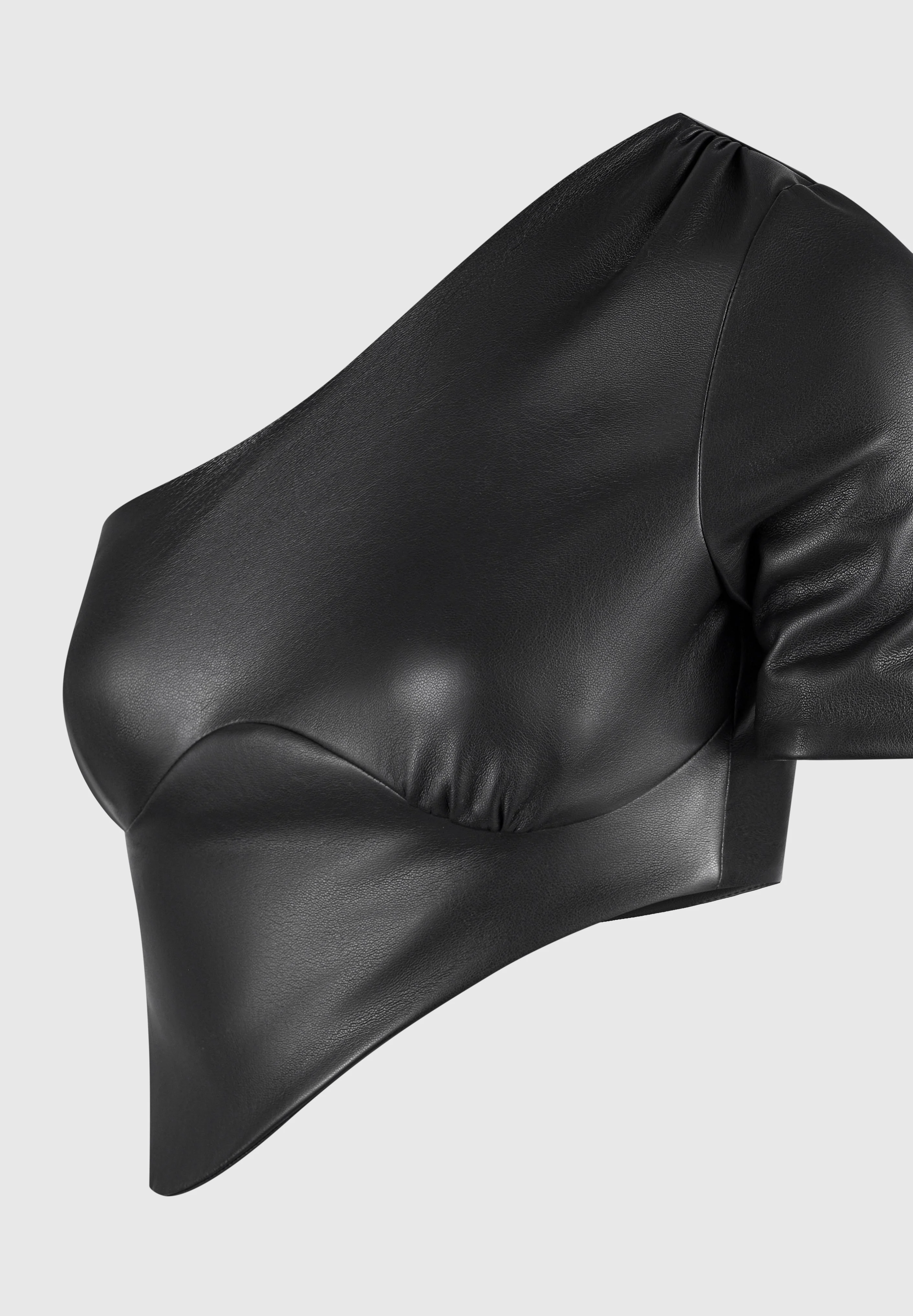 Curved Hem Leather Crop Top - Black - Image 6