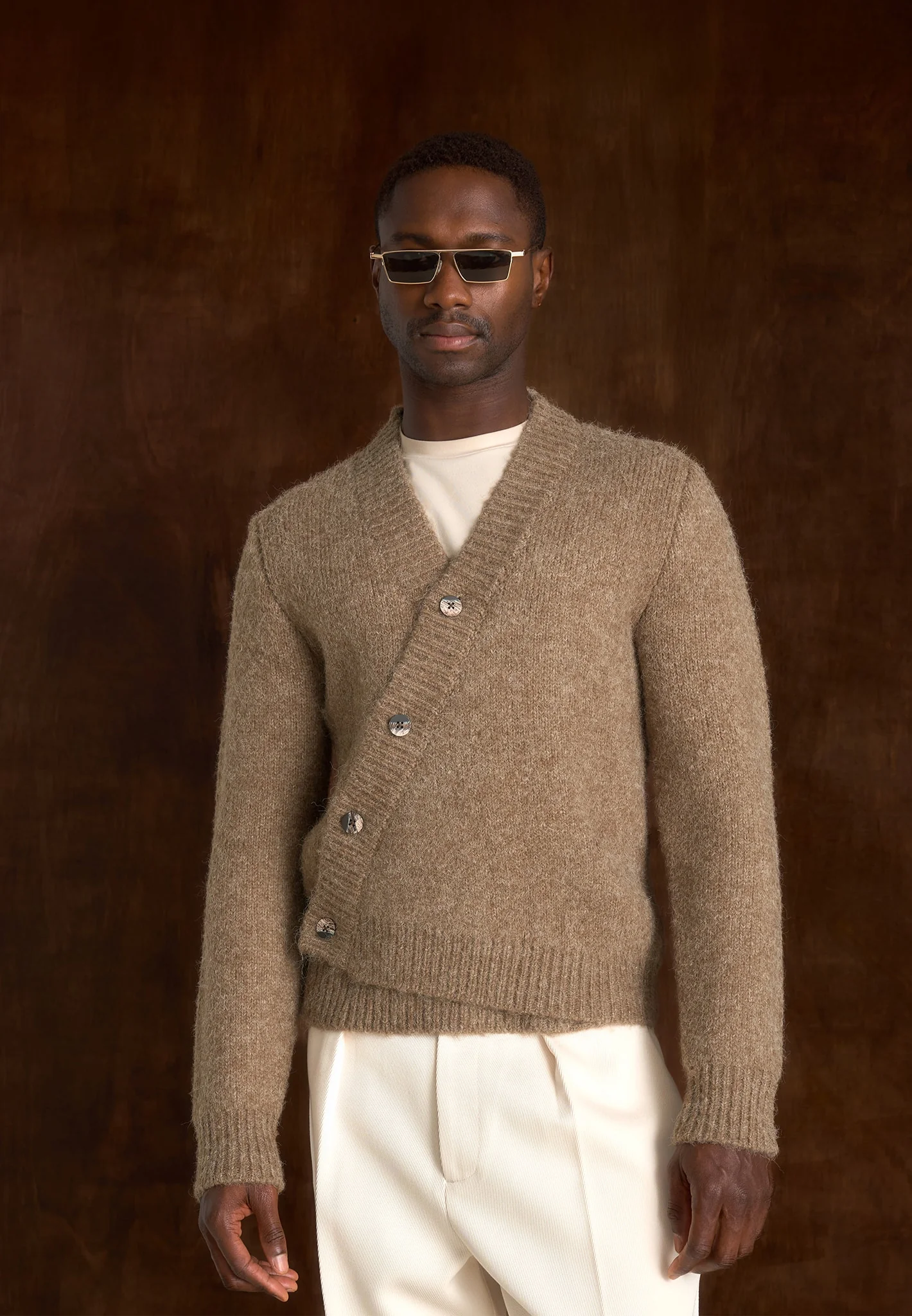 Dani - Unisex Asymmetric Brushed Wool Knit Cardigan - Taupe - Image 10