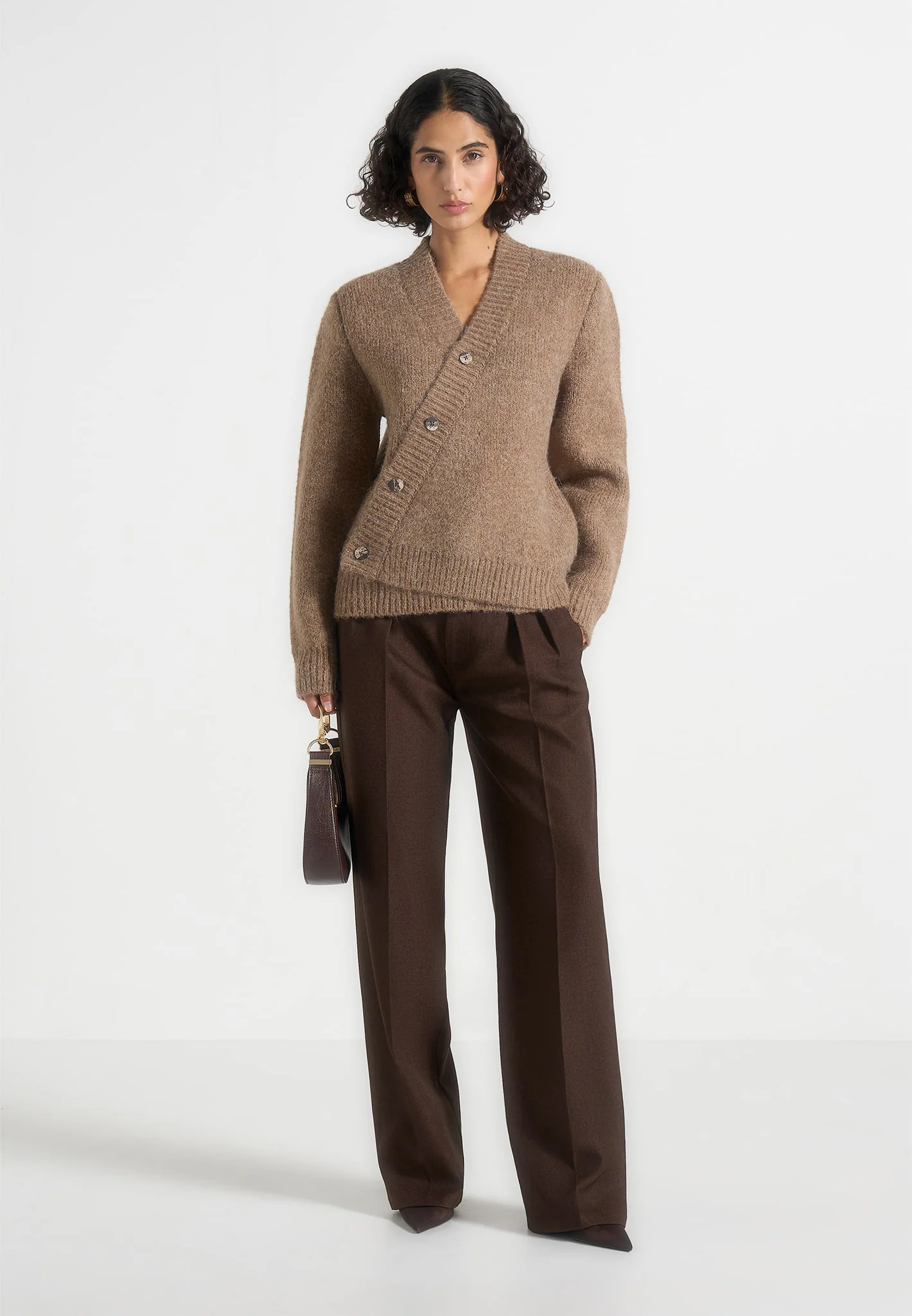 Dani - Unisex Asymmetric Brushed Wool Knit Cardigan - Taupe - Image 3