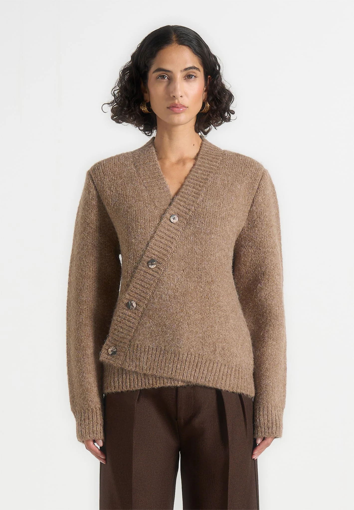 Dani - Unisex Asymmetric Brushed Wool Knit Cardigan - Taupe - Image 5