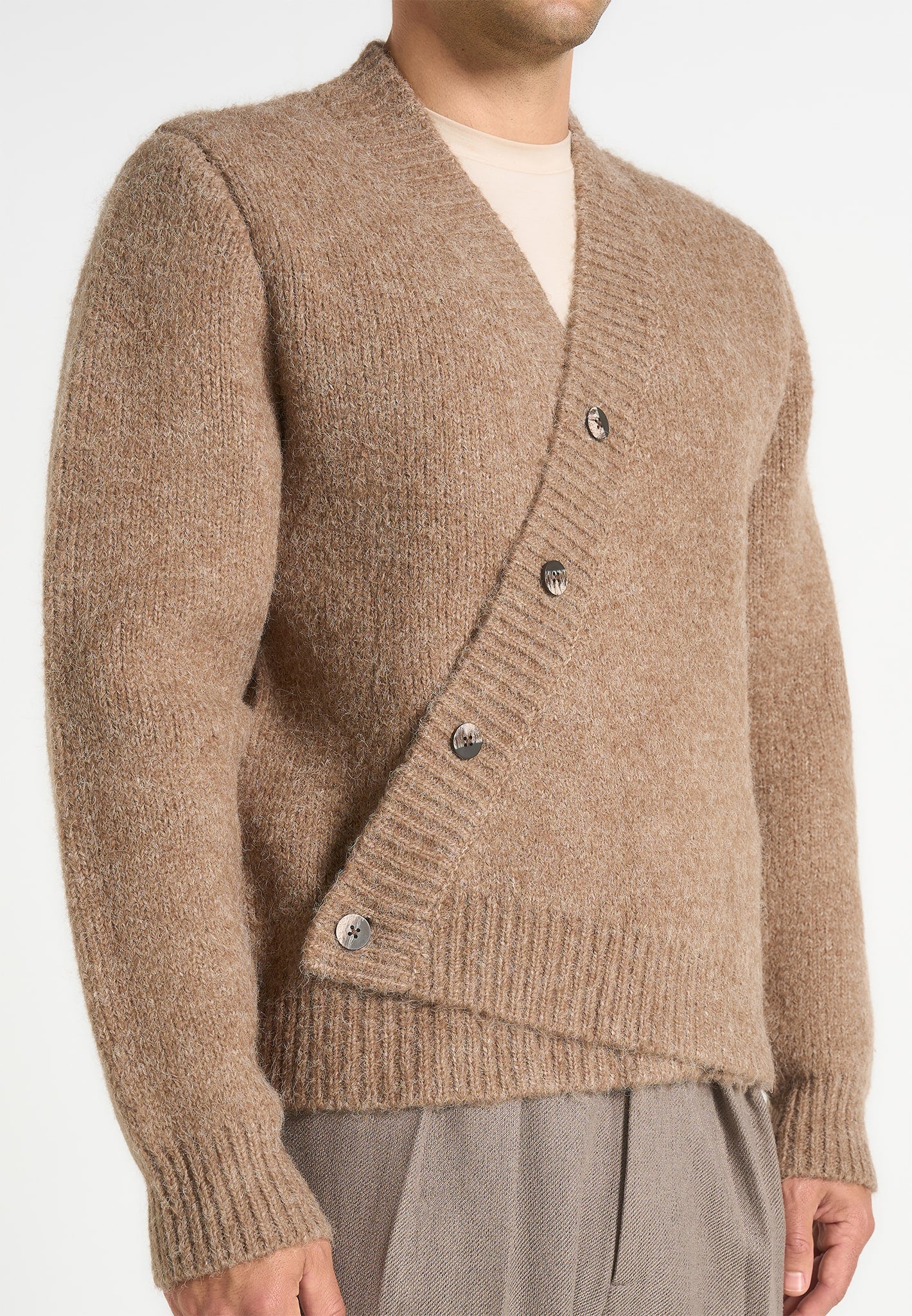 Dani - Unisex Asymmetric Brushed Wool Knit Cardigan - Taupe - Image 6