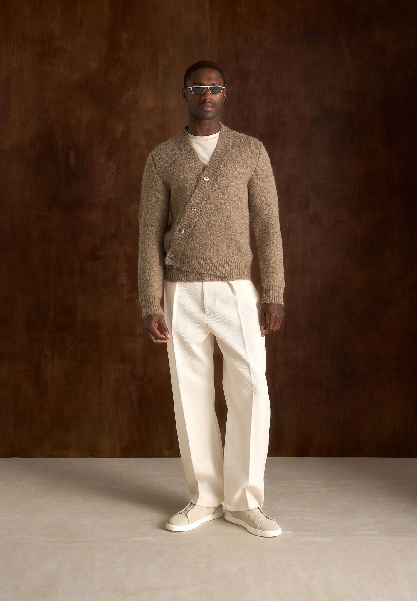 Dani - Unisex Asymmetric Brushed Wool Knit Cardigan - Taupe - Image 9