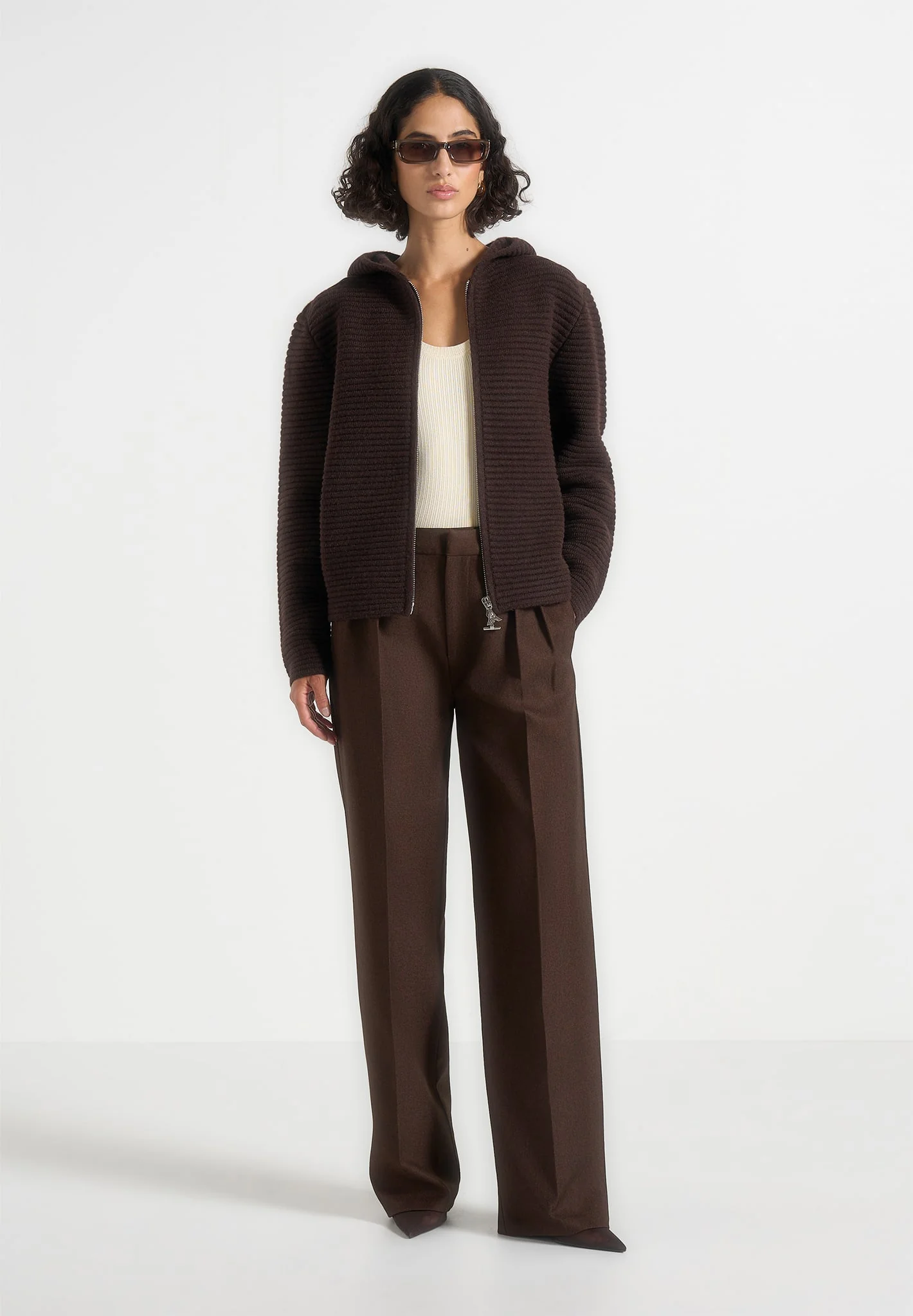 Eden - Unisex Ribbed Knit Zip Up Hoodie - Brown - Image 3