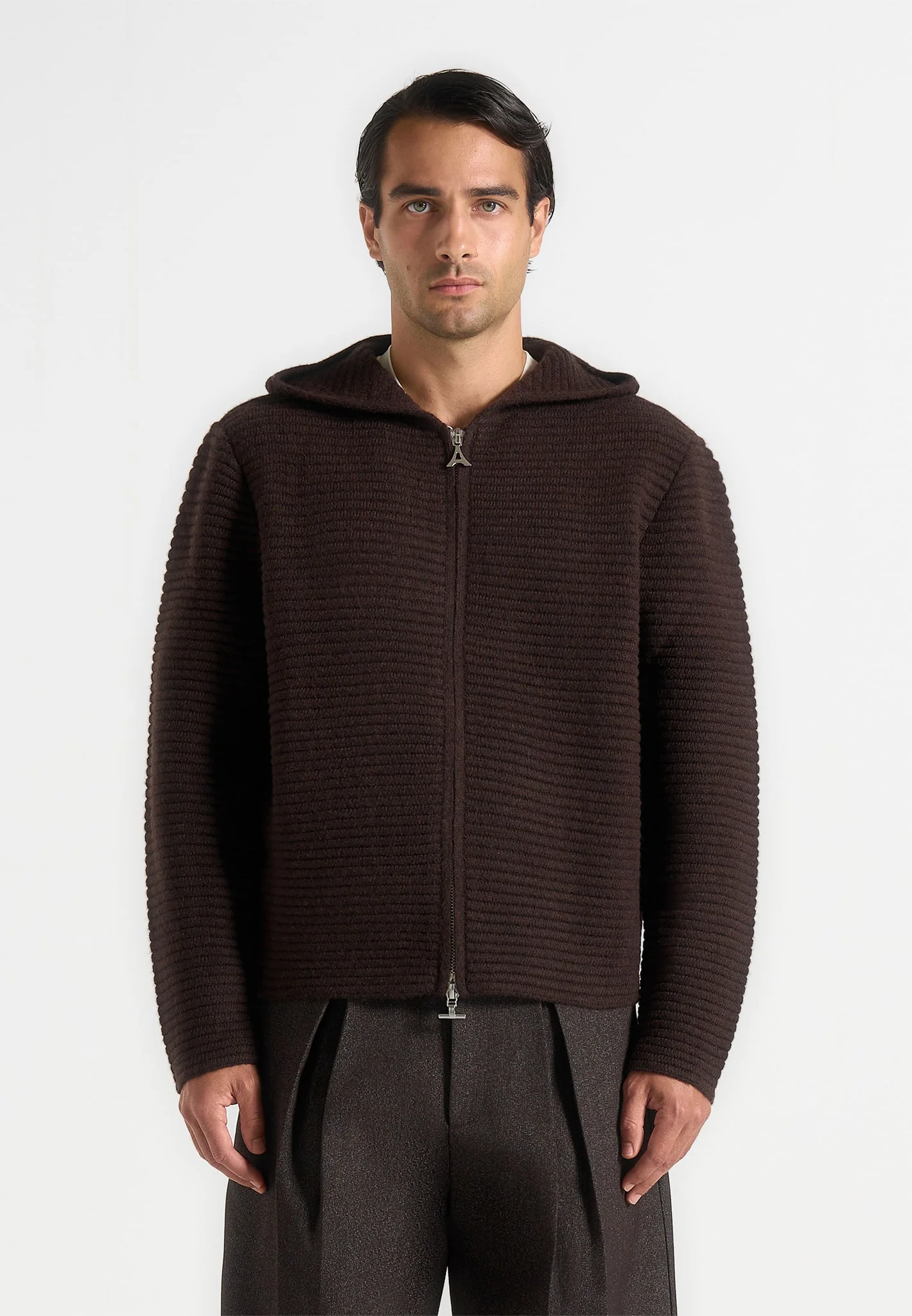 Eden - Unisex Ribbed Knit Zip Up Hoodie - Brown - Image 6