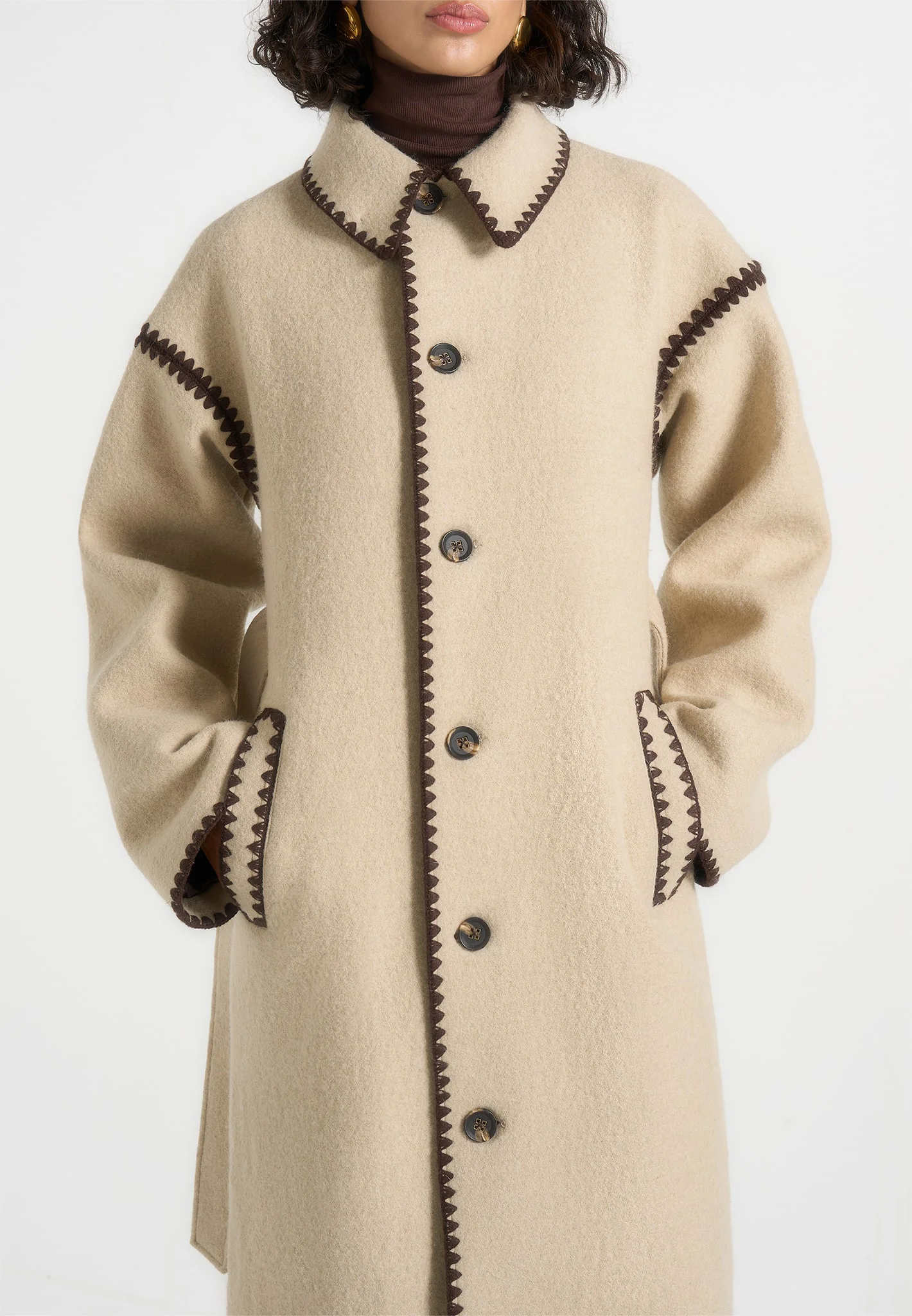 Elora - Wool Blanket Stitch Belted Longline Coat - Beige - Image 3