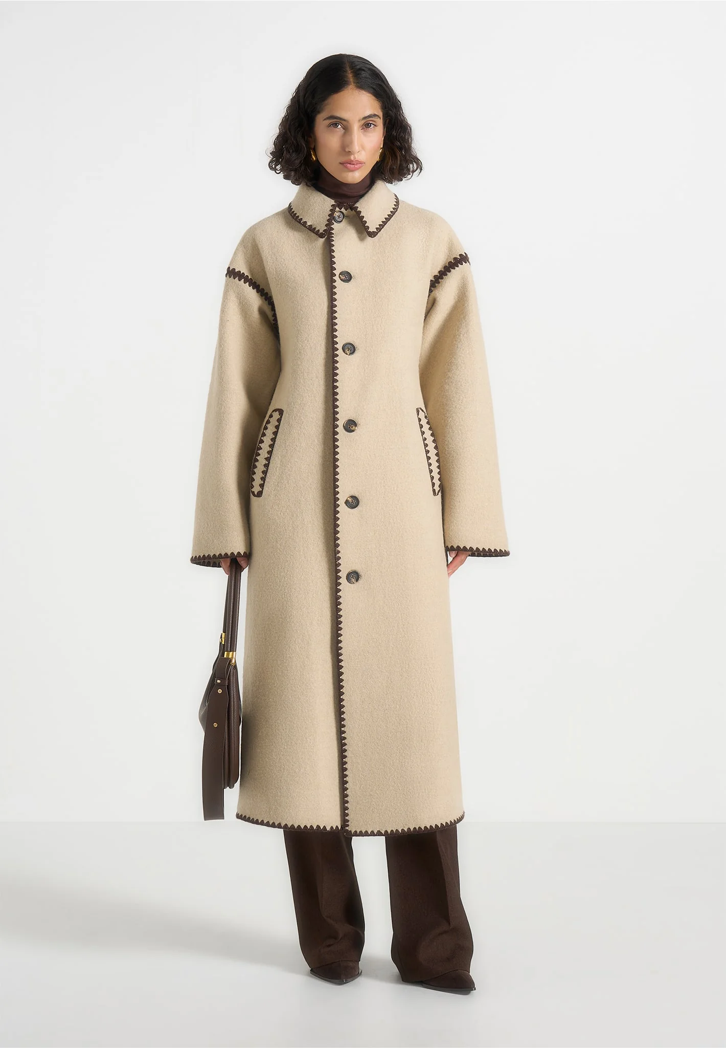 Elora - Wool Blanket Stitch Belted Longline Coat - Beige - Image 4