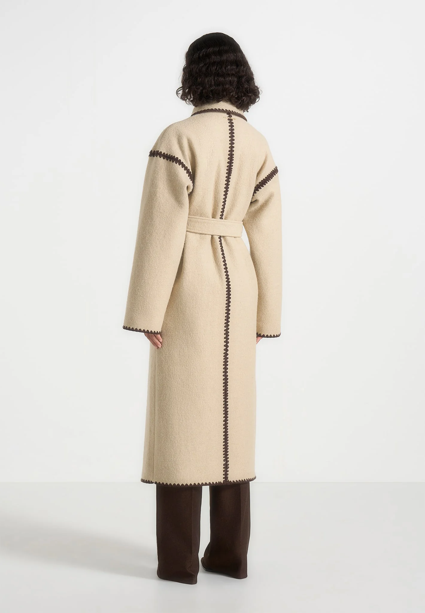 Elora - Wool Blanket Stitch Belted Longline Coat - Beige - Image 5