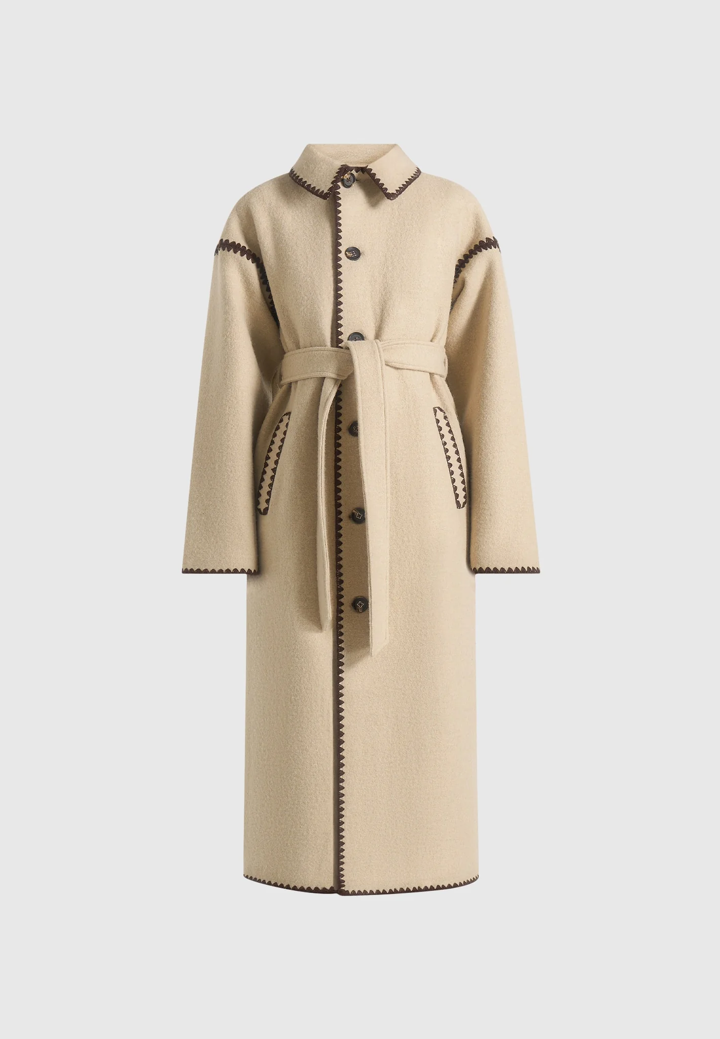 Elora - Wool Blanket Stitch Belted Longline Coat - Beige - Image 6