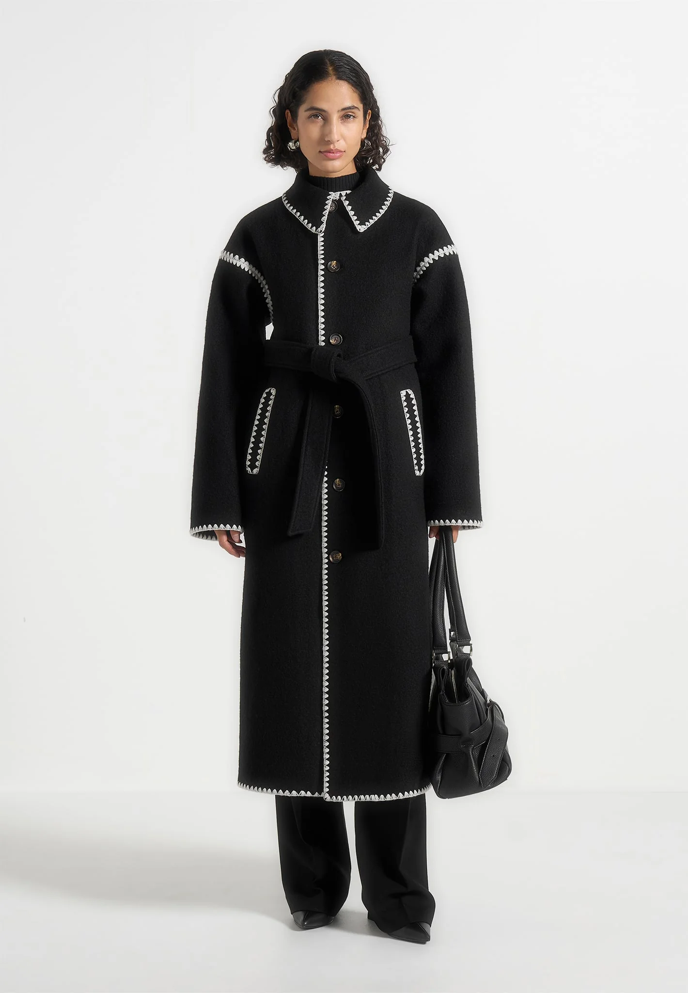 Elora - Wool Blanket Stitch Belted Longline Coat - Black - Image 3