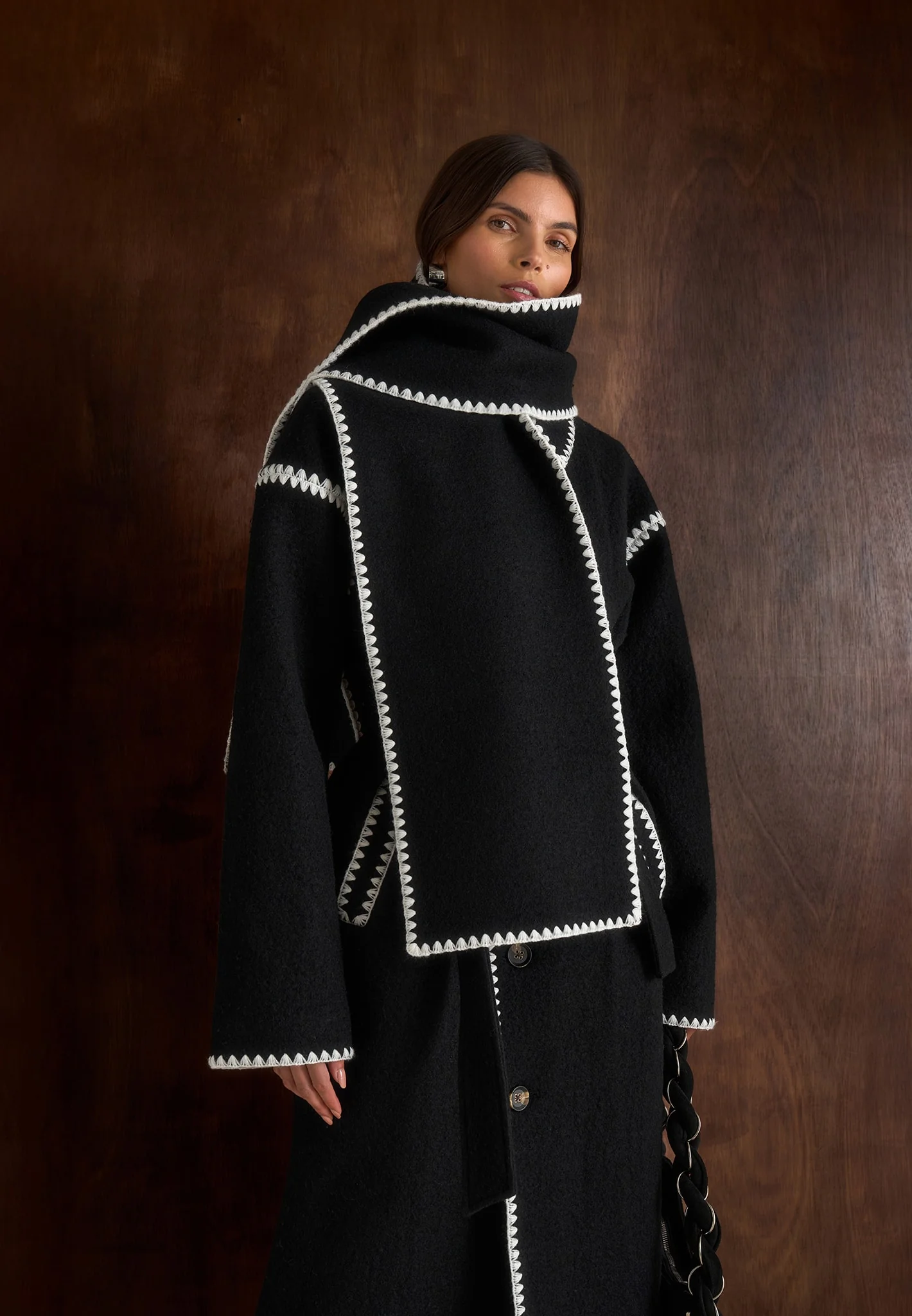 Elora - Wool Blanket Stitch Belted Longline Coat - Black - Image 4