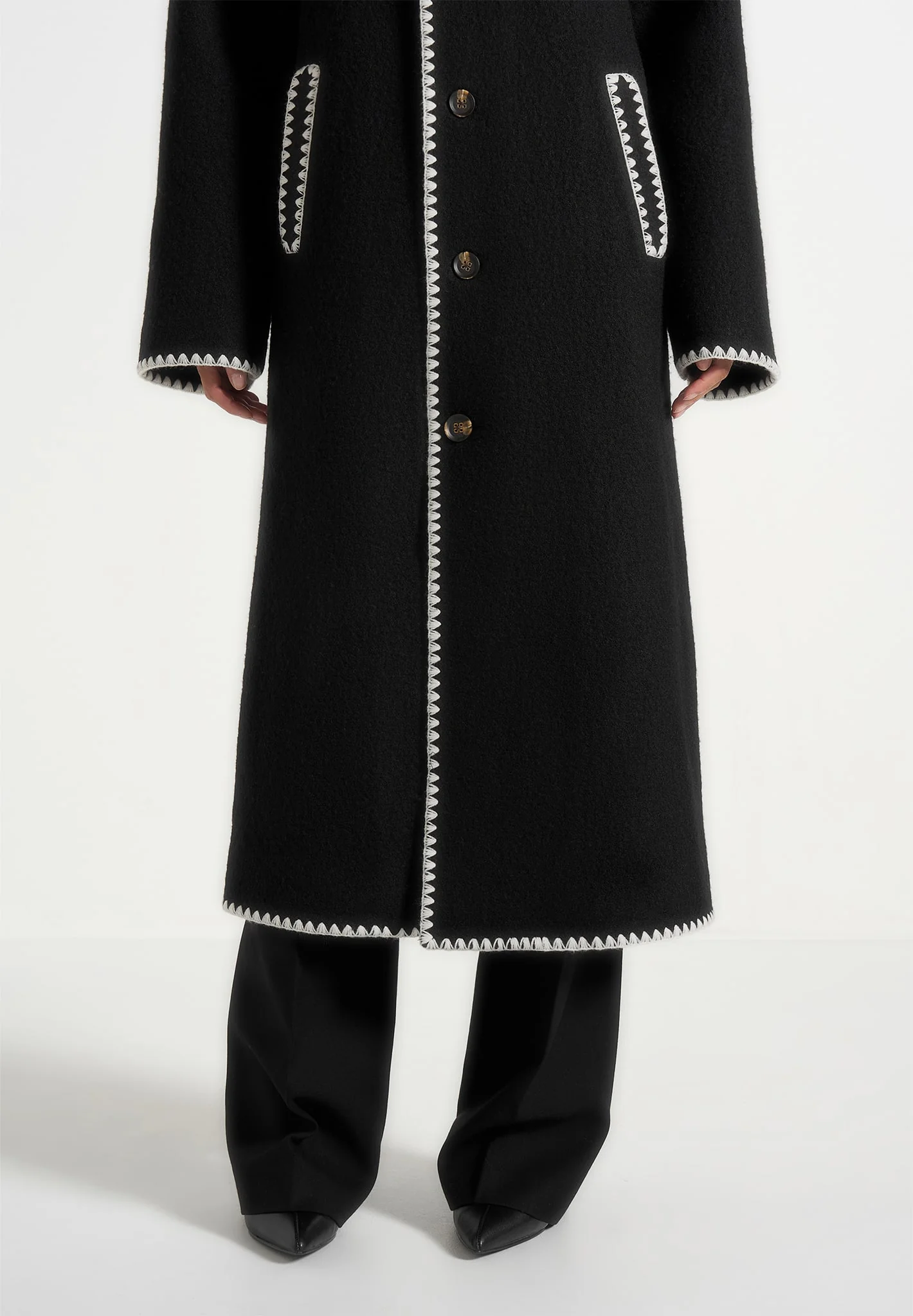Elora - Wool Blanket Stitch Belted Longline Coat - Black - Image 5