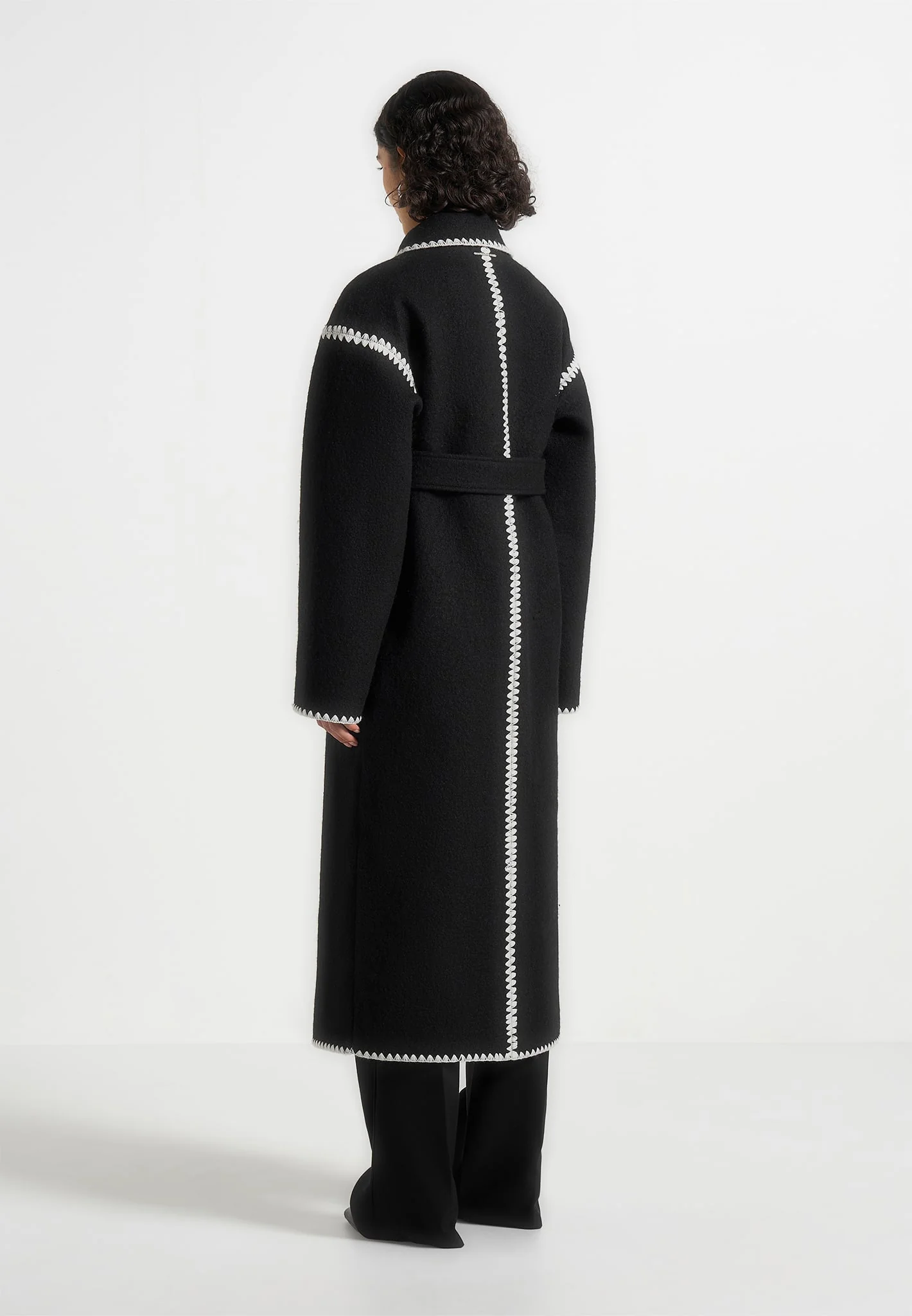 Elora - Wool Blanket Stitch Belted Longline Coat - Black - Image 6