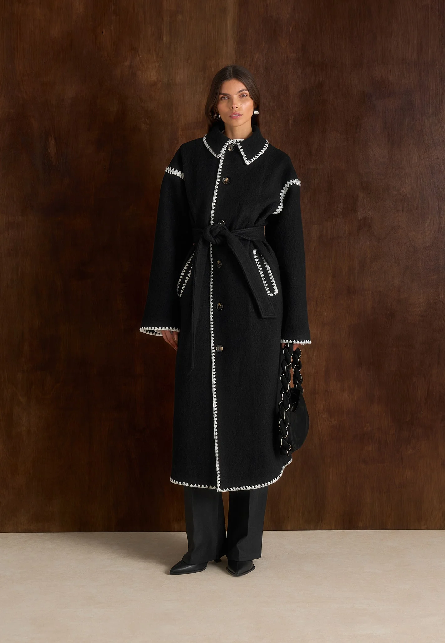 Elora - Wool Blanket Stitch Belted Longline Coat - Black - Image 7