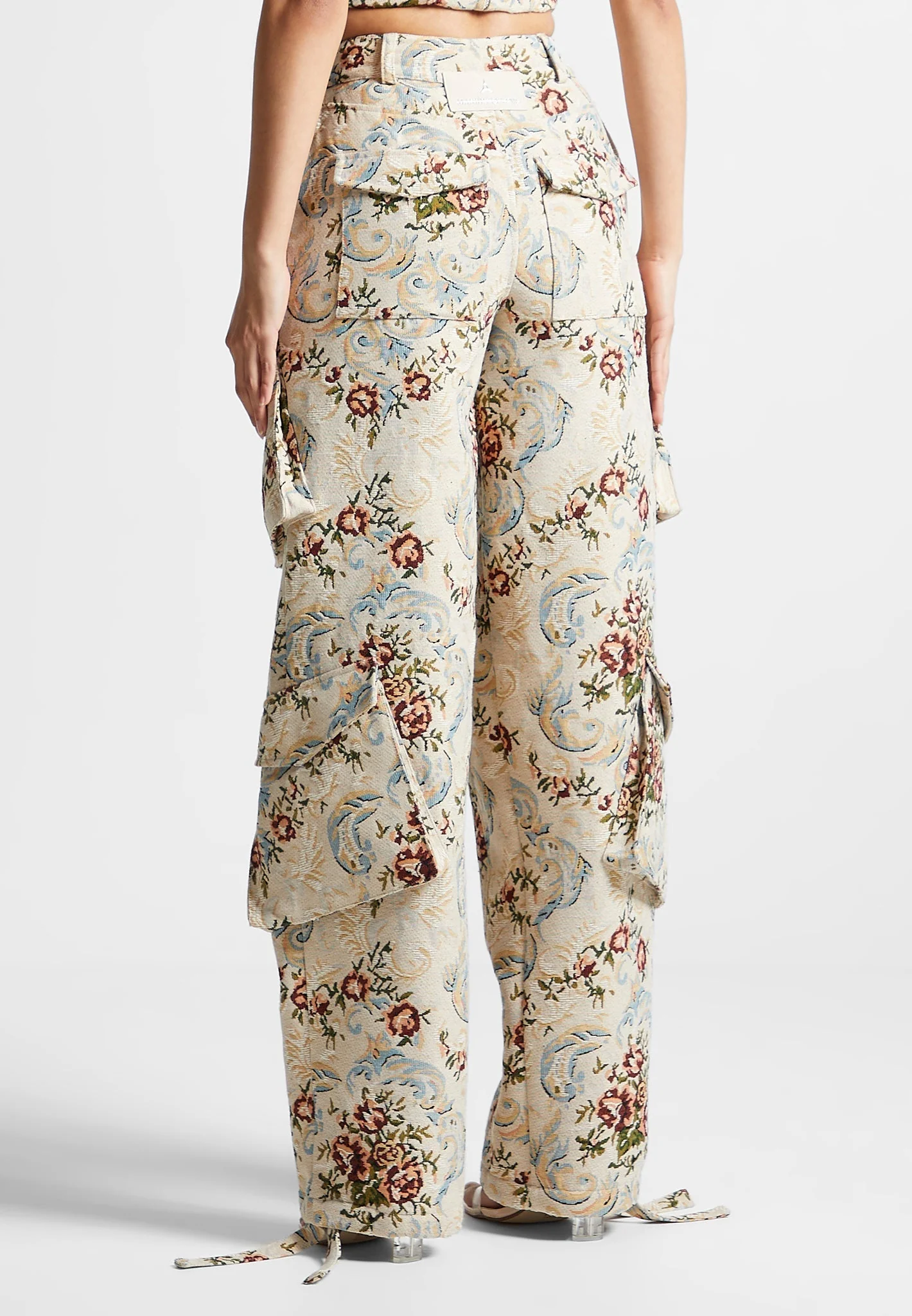 Anne - Floral Jacquard High Waisted Cargo Pants - Beige - Image 3
