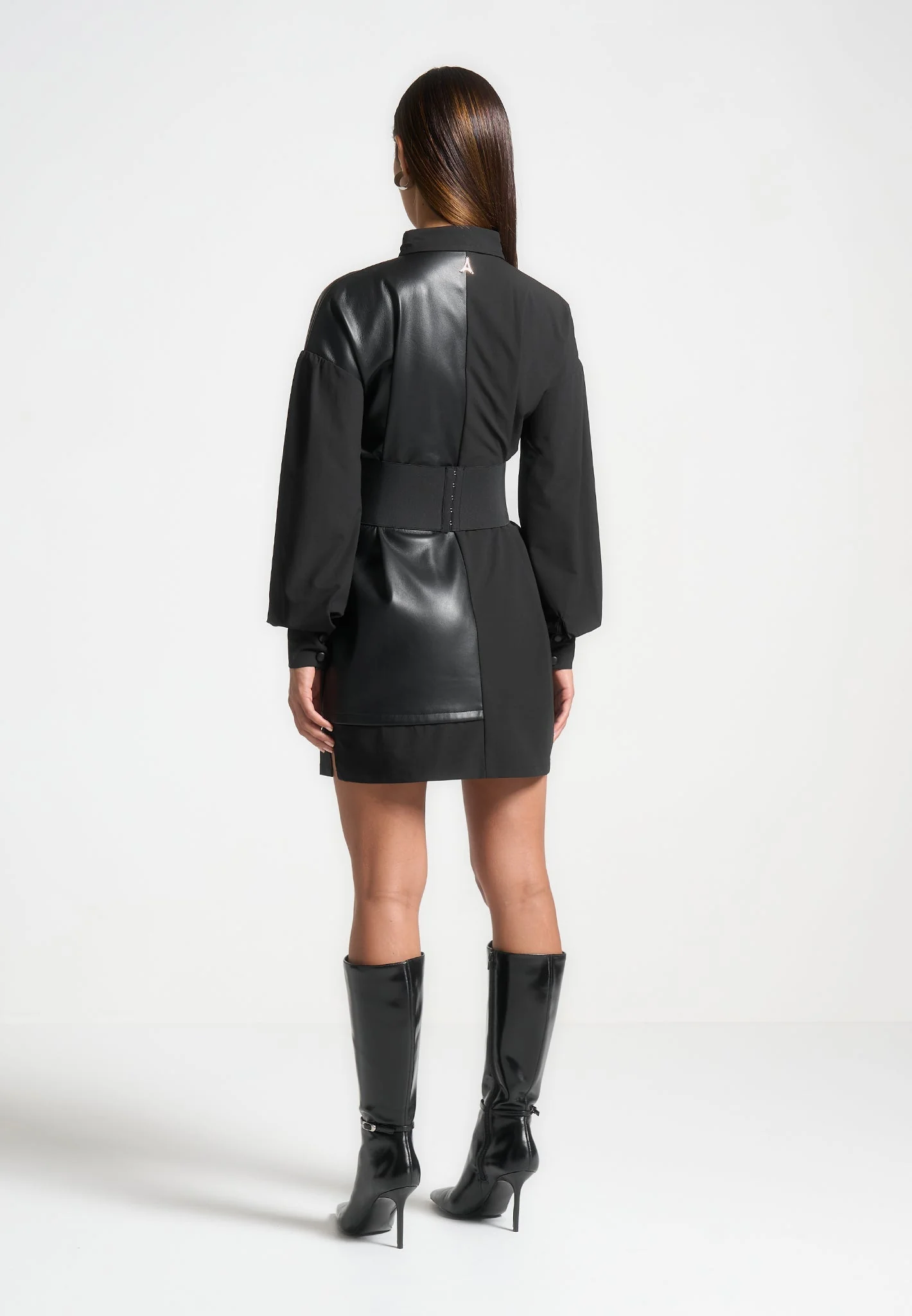 Half Leather Shirt Dress - Black - Image 3