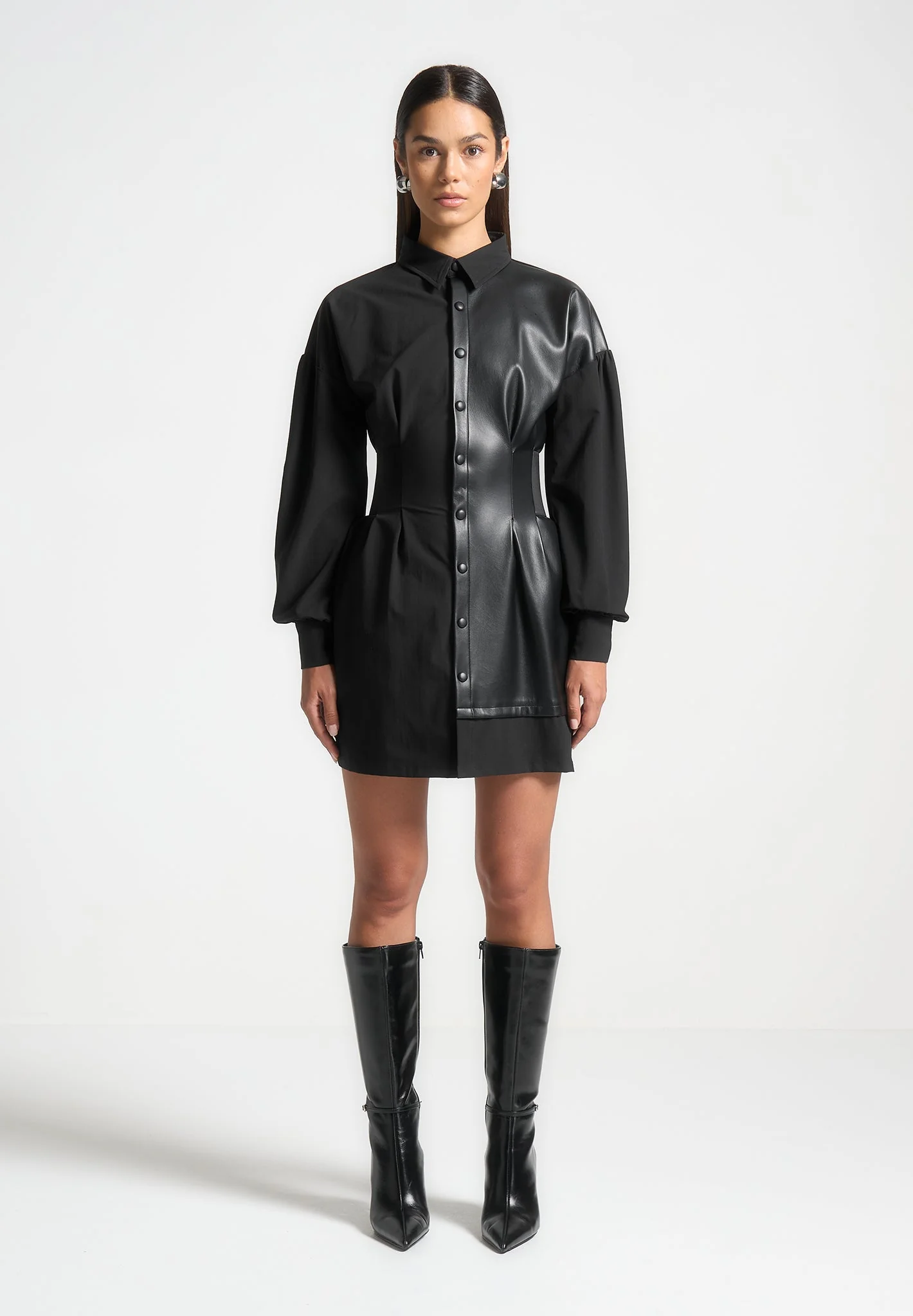 Half Leather Shirt Dress - Black - Image 4