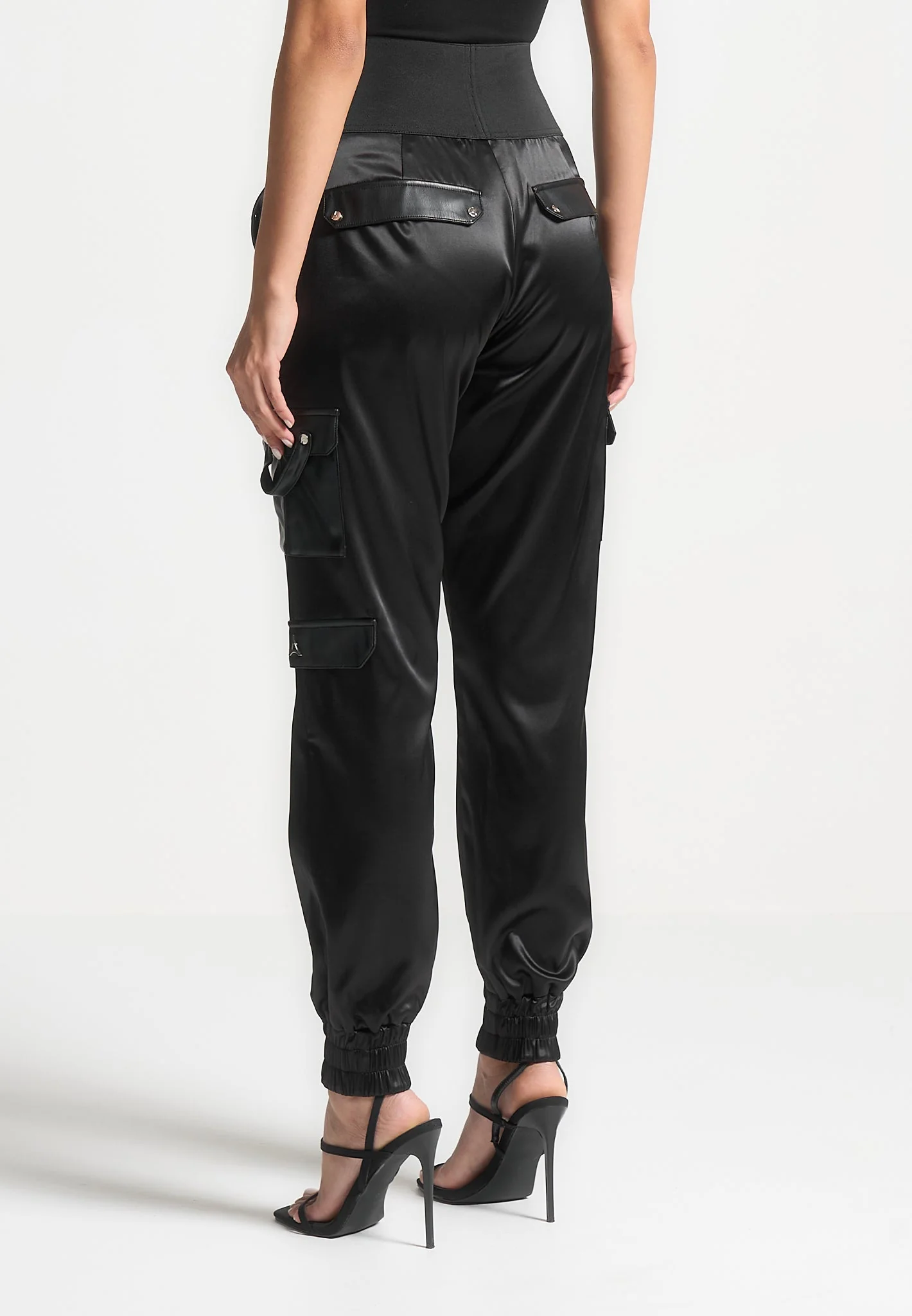 High Waisted Satin Cargo Trousers - Black - Image 3