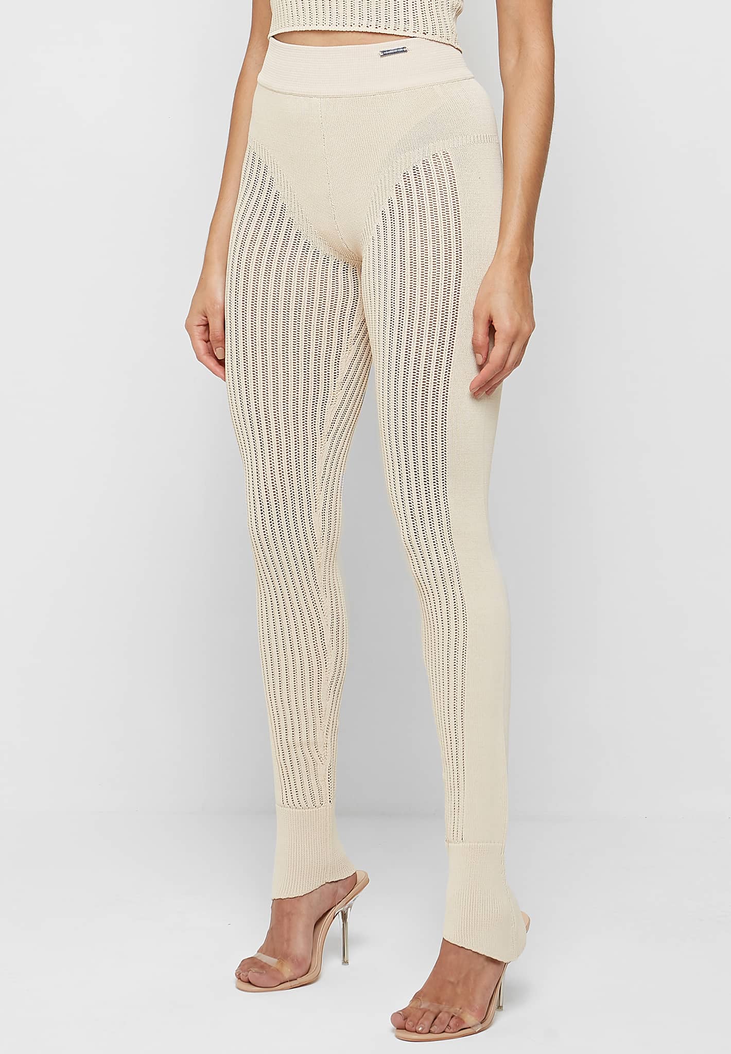 Knitted High Waisted Leggings - Beige - Image 5