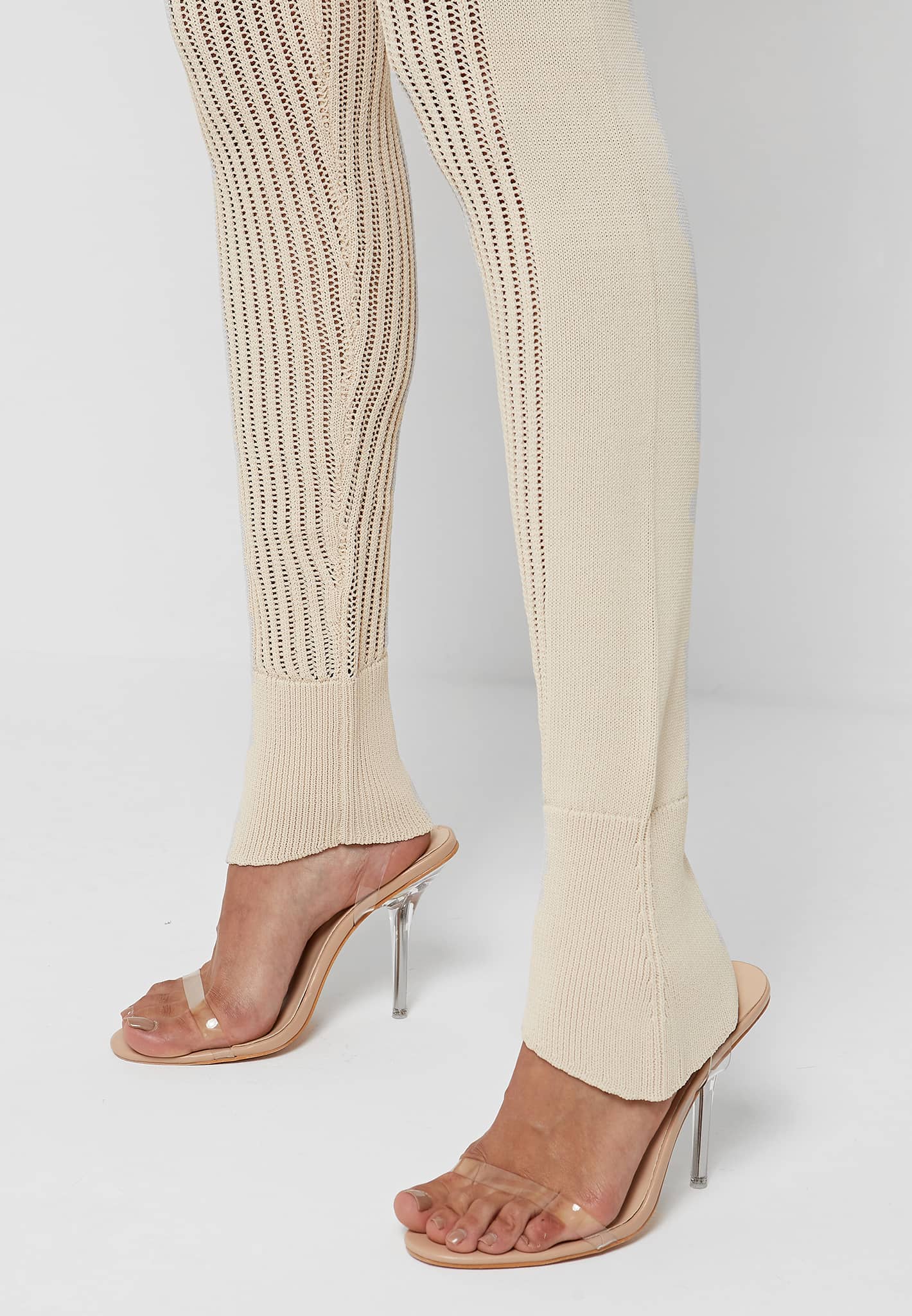Knitted High Waisted Leggings - Beige - Image 8