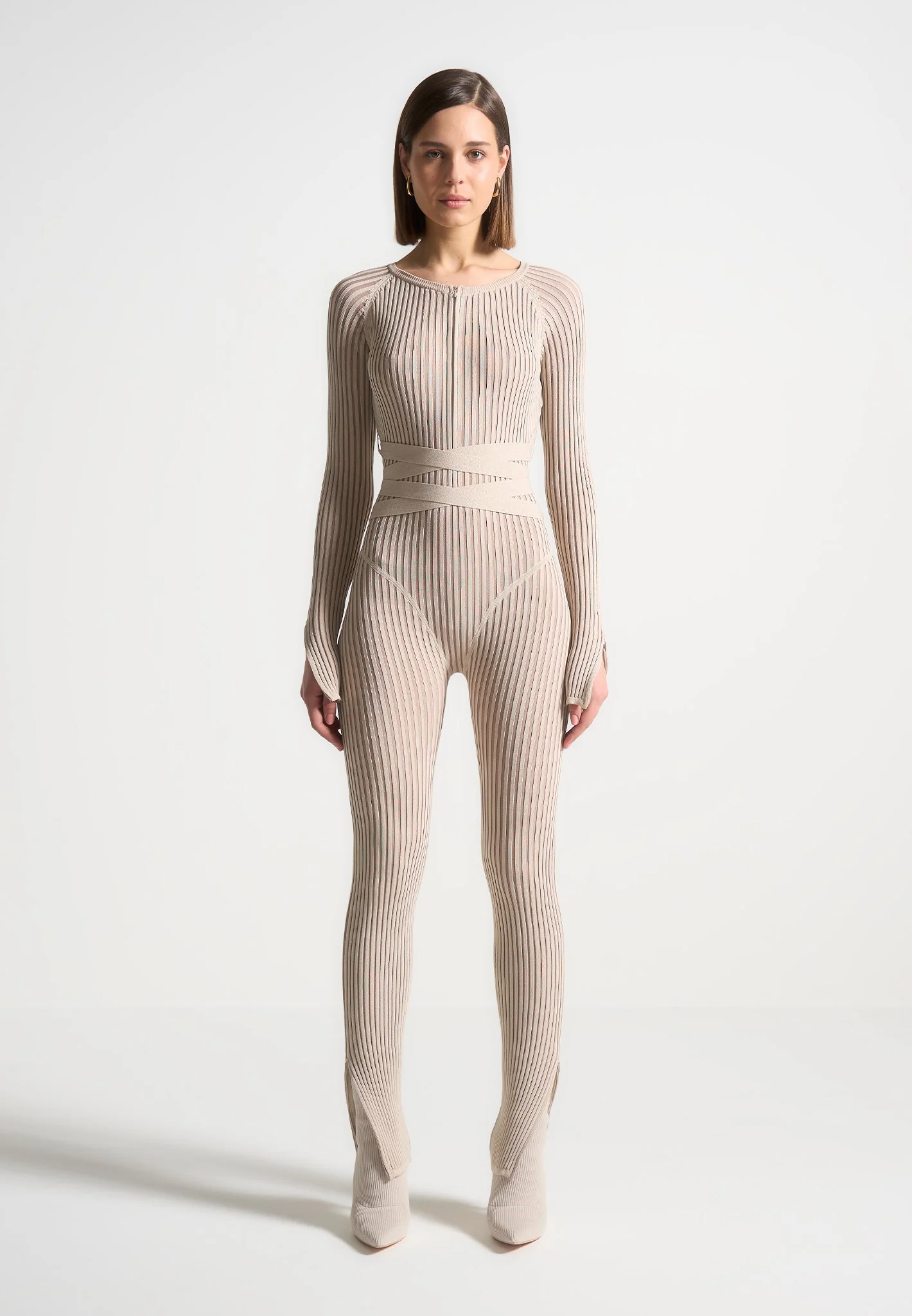 Knitted Two Tone Jumpsuit with Belt - Beige/Taupe - Image 3