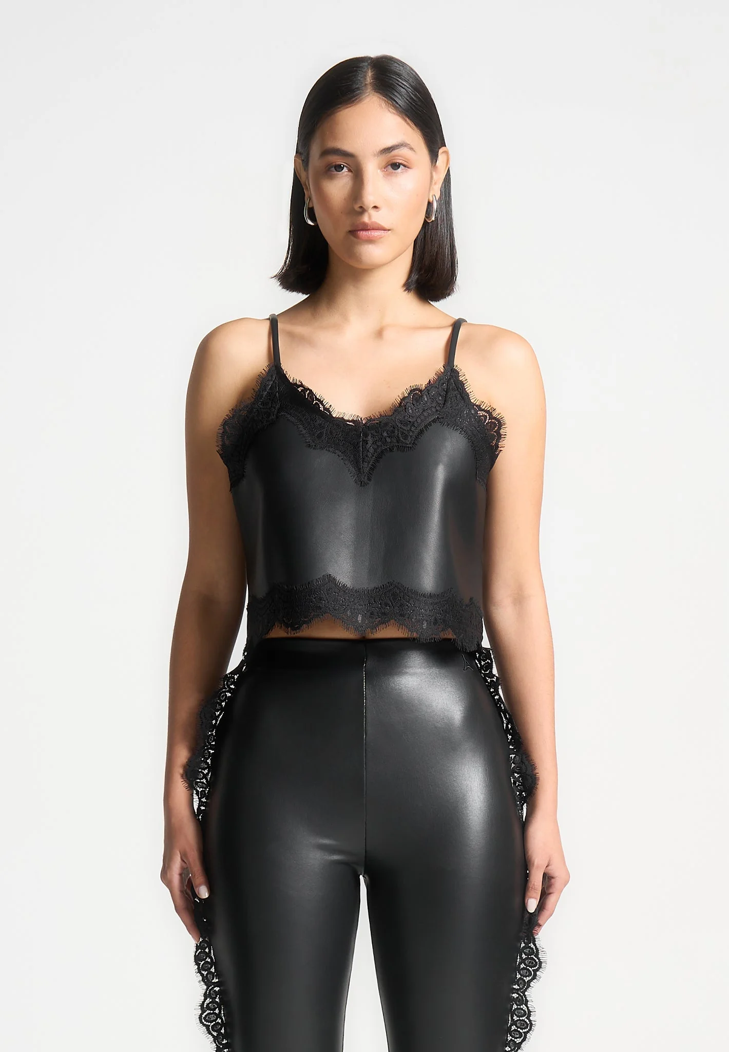 Lace Trim Leather Camisole Top - Black - Image 3