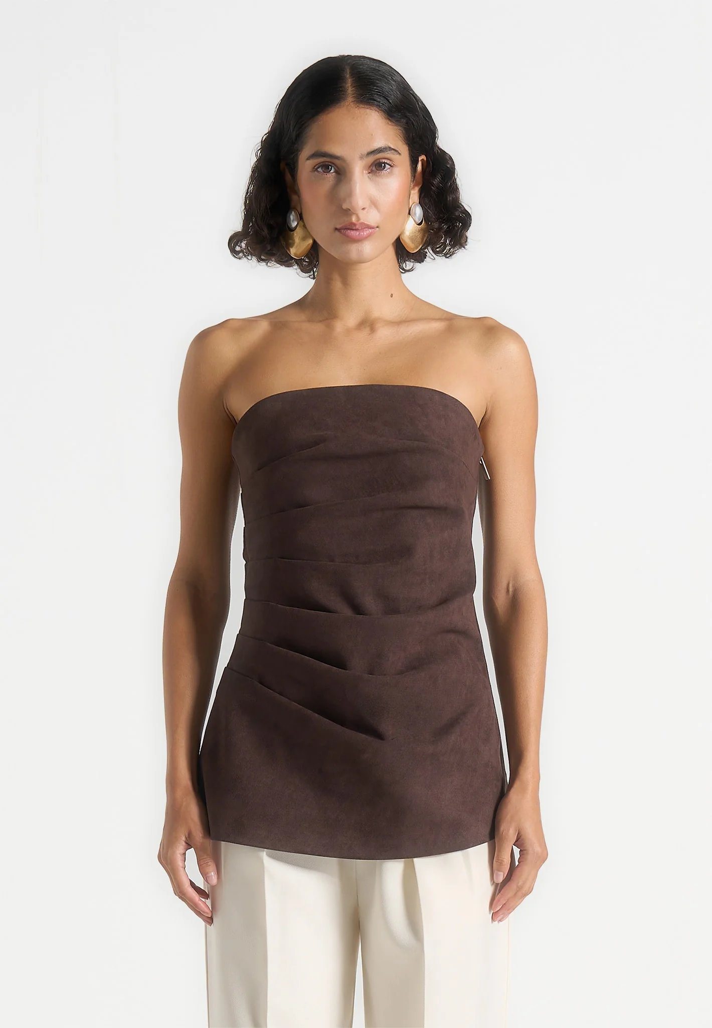 Laurena - Suede Tacked Longline Bandeau Top - Brown - Image 4