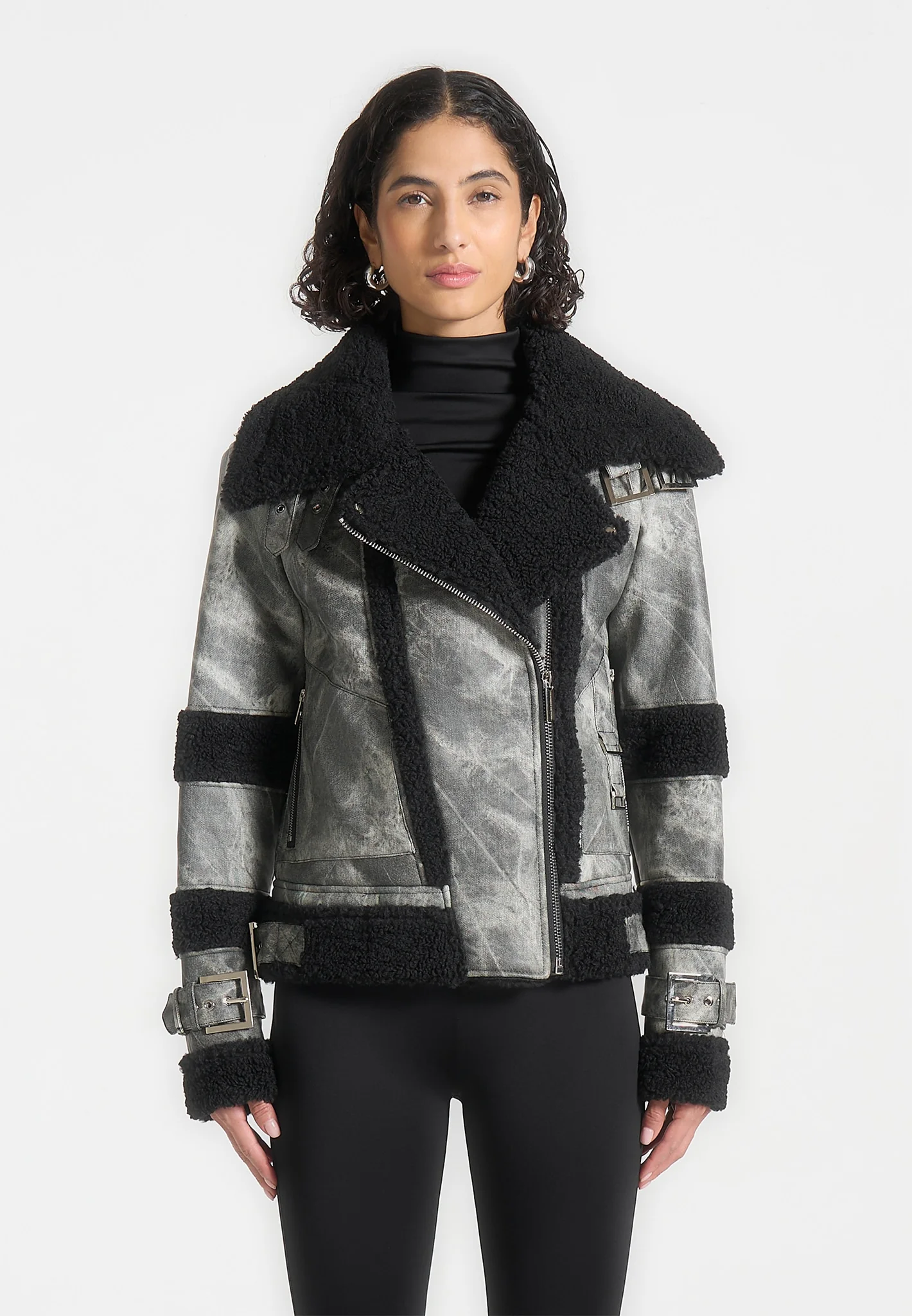 Marbled Leather Borg Biker Jacket - Black - Image 3
