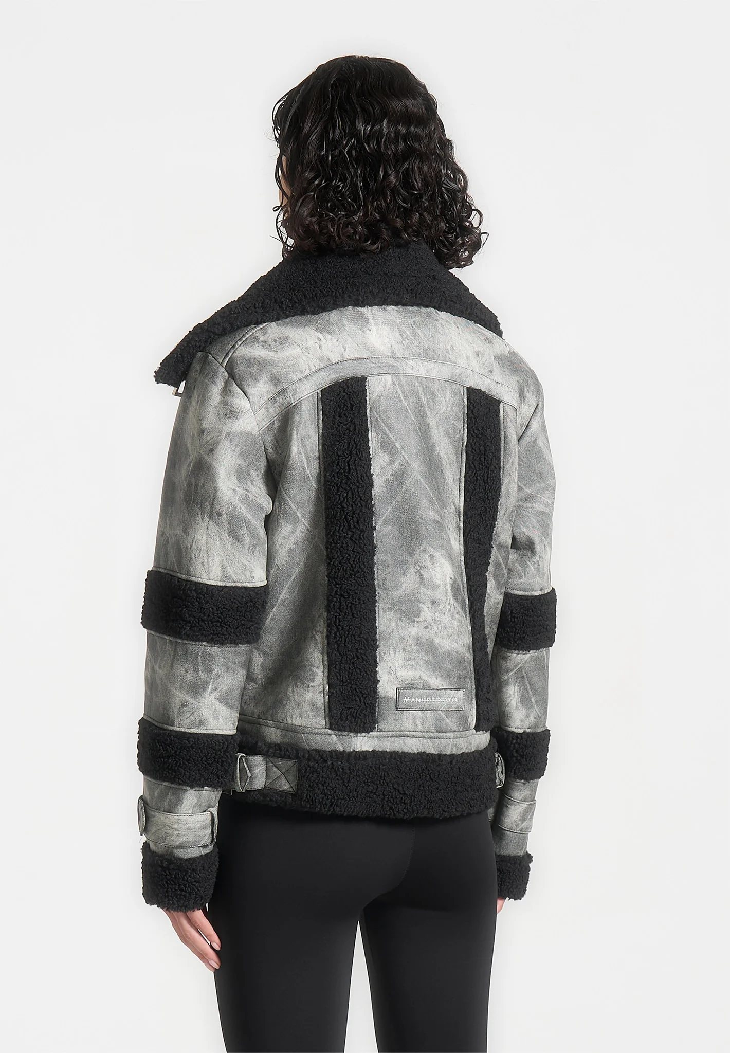 Marbled Leather Borg Biker Jacket - Black - Image 5