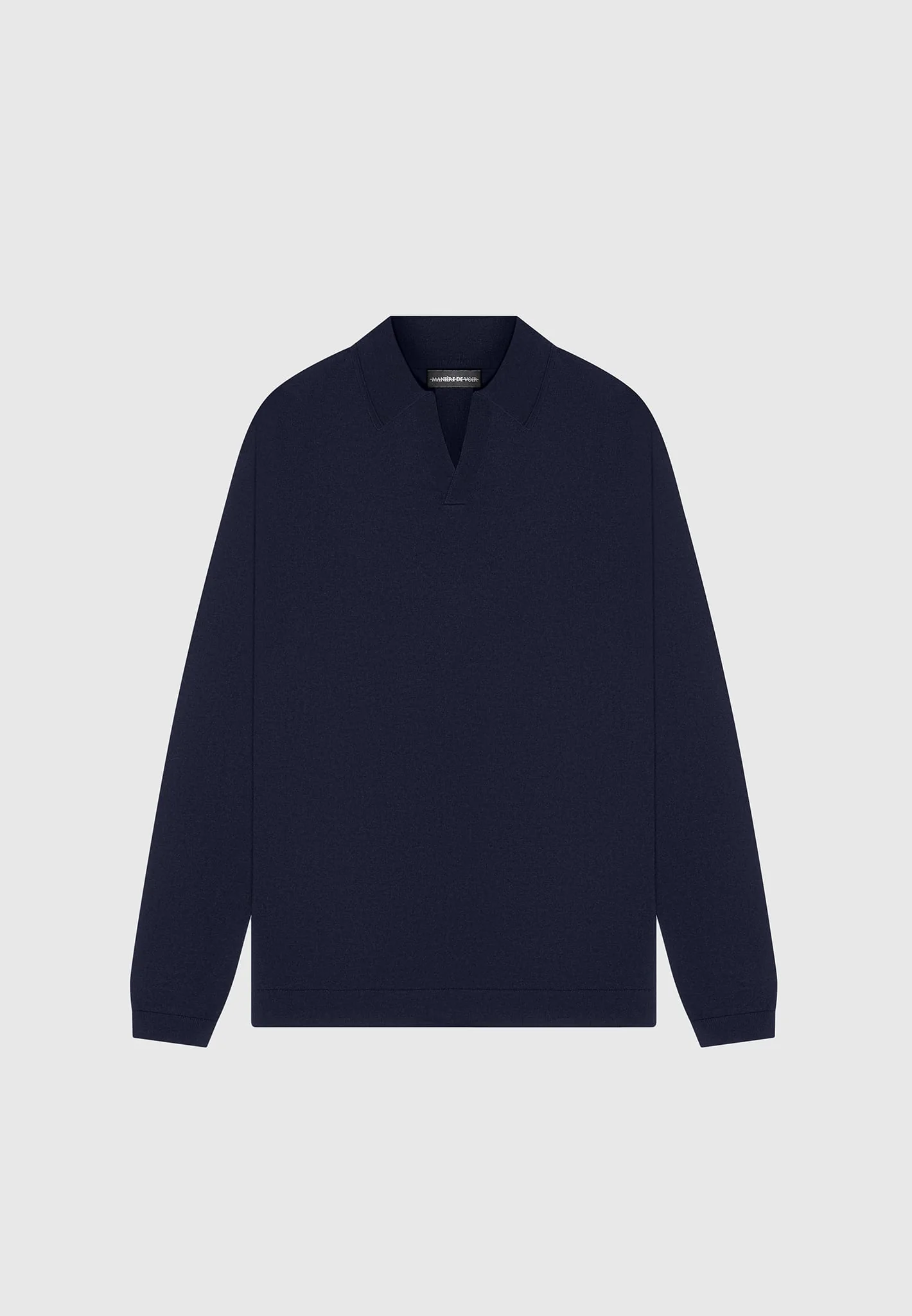 Merino Wool Long Sleeve Revere Polo Shirt - Navy - Image 3