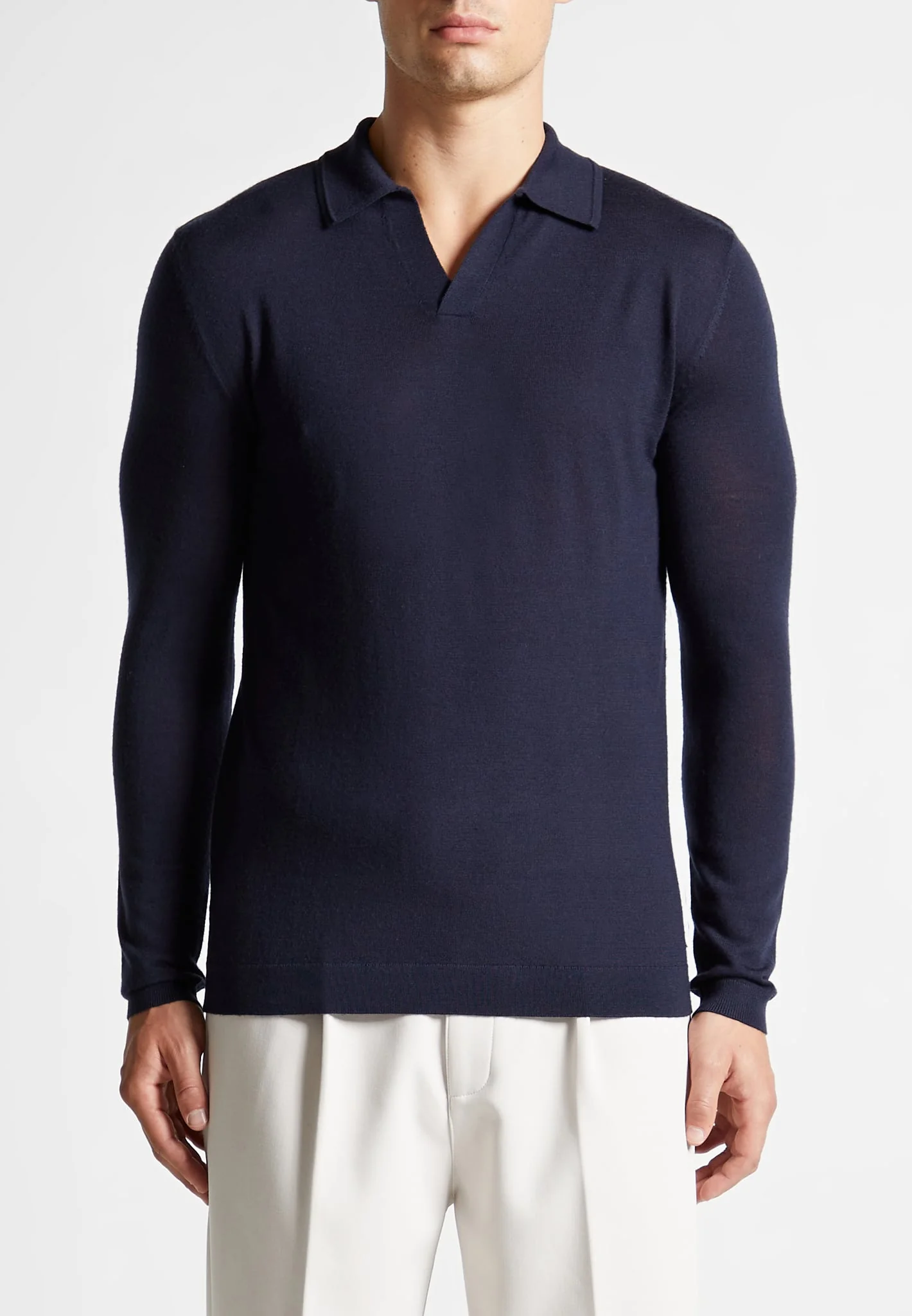 Merino Wool Long Sleeve Revere Polo Shirt - Navy - Image 4