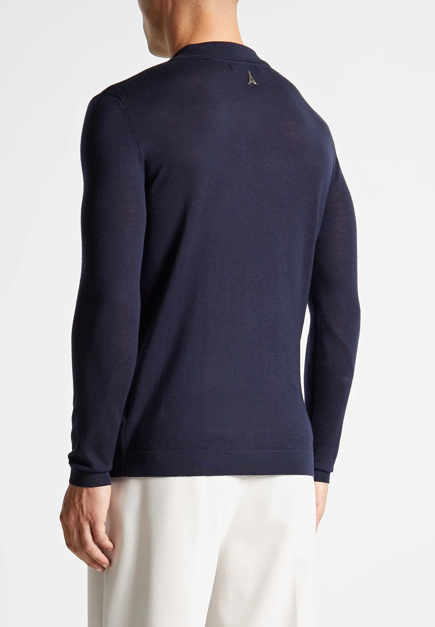 Merino Wool Long Sleeve Revere Polo Shirt - Navy - Image 5