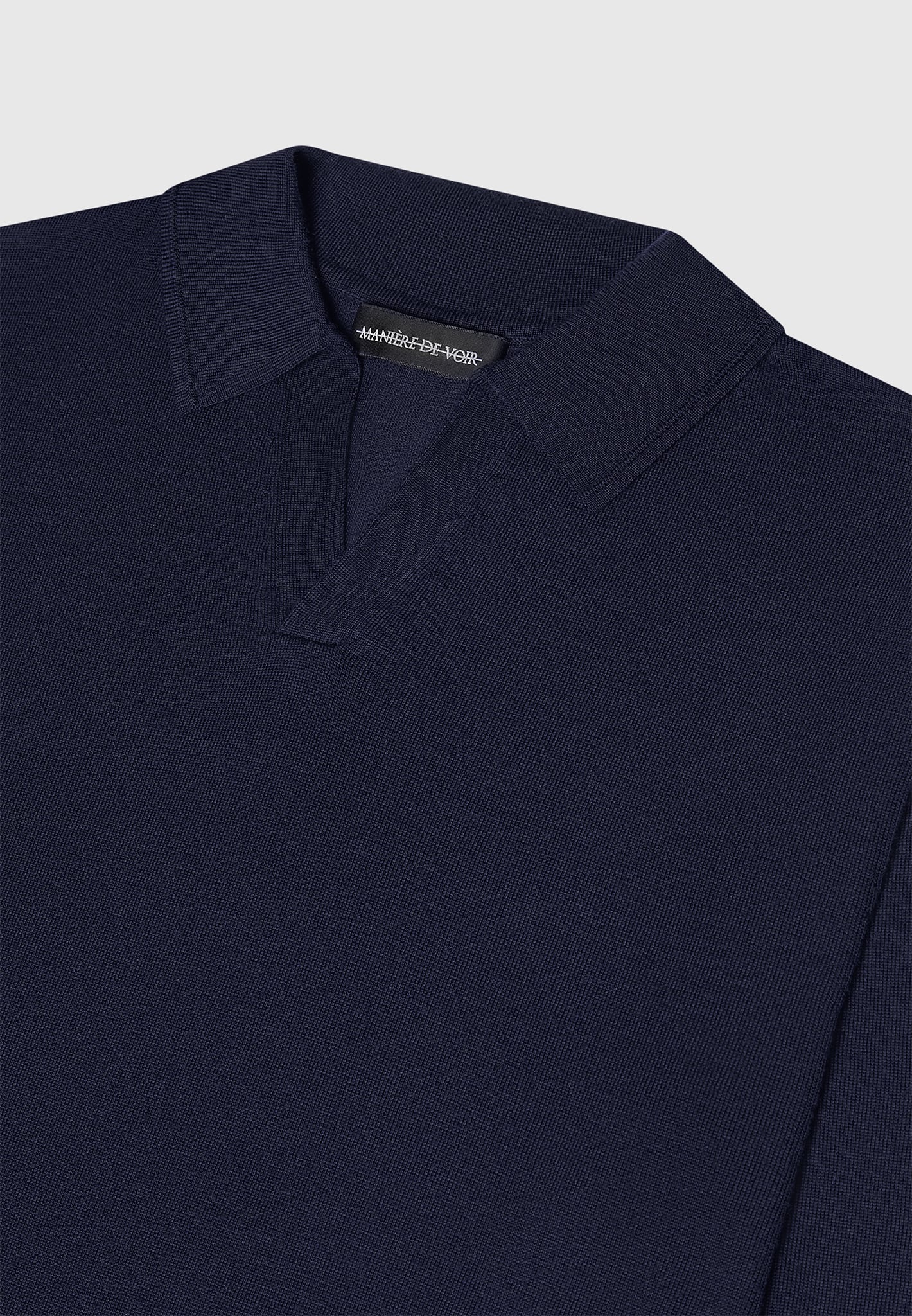 Merino Wool Long Sleeve Revere Polo Shirt - Navy - Image 6