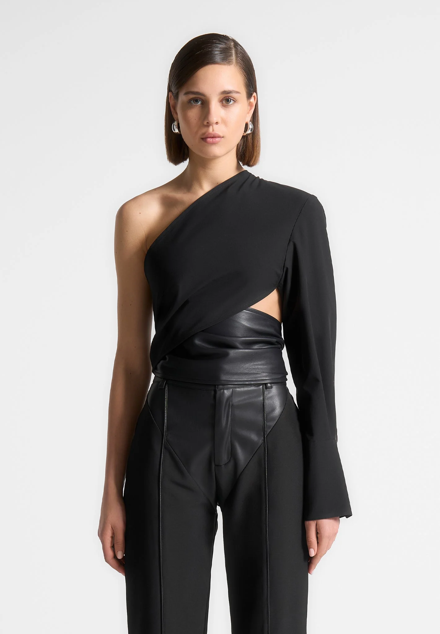 Coralie - One Sleeve Leather Wrap Top - Black - Image 3