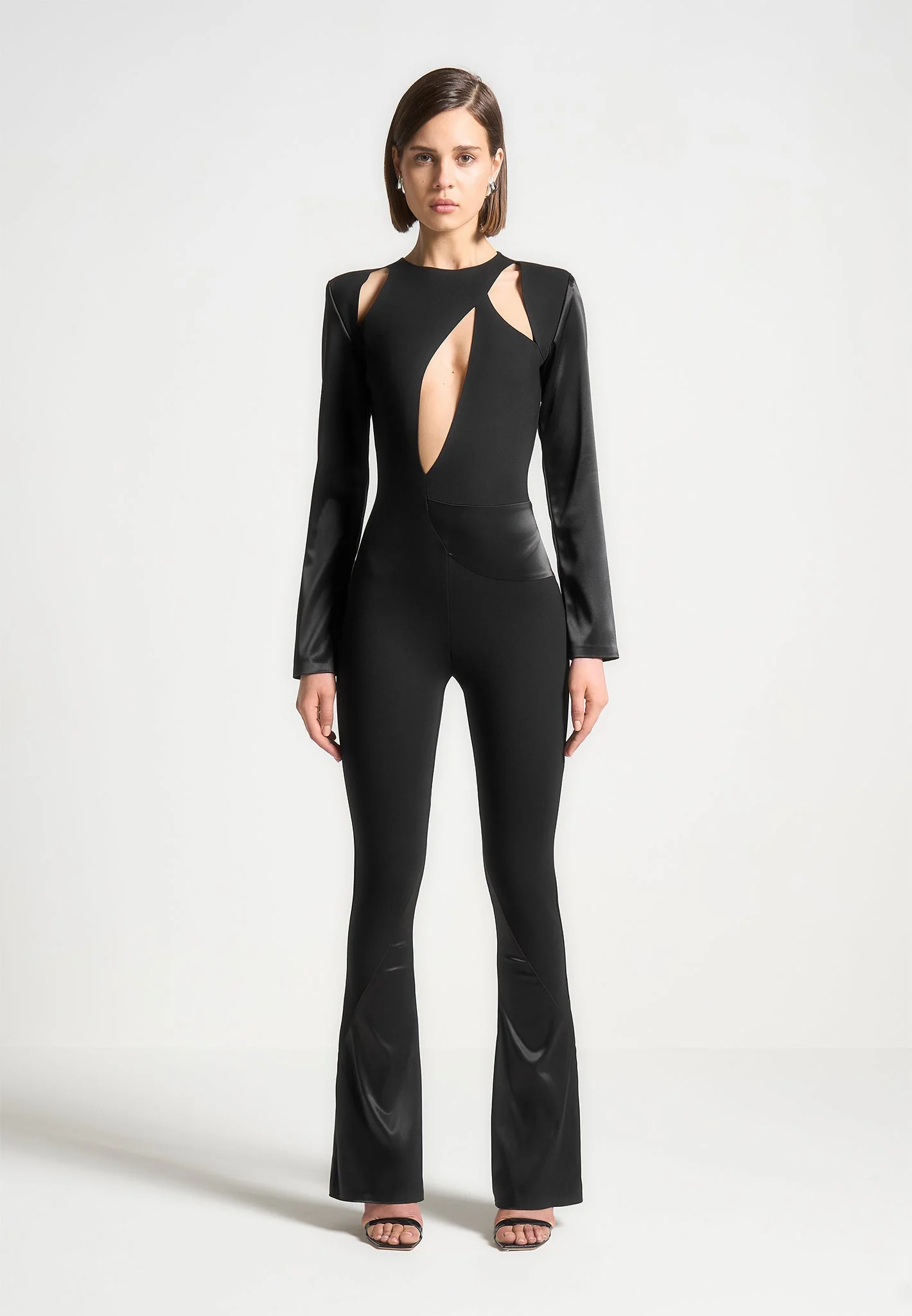 Satin and Bandage Flared Jumpsuit - Black - Image 3
