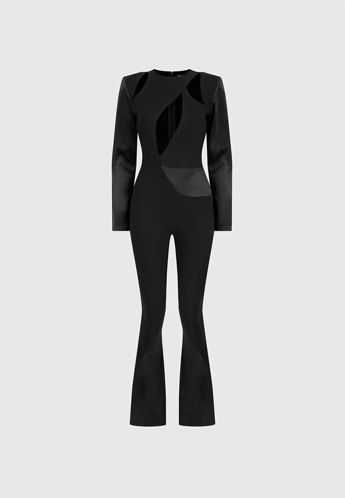 Satin and Bandage Flared Jumpsuit - Black - Image 8