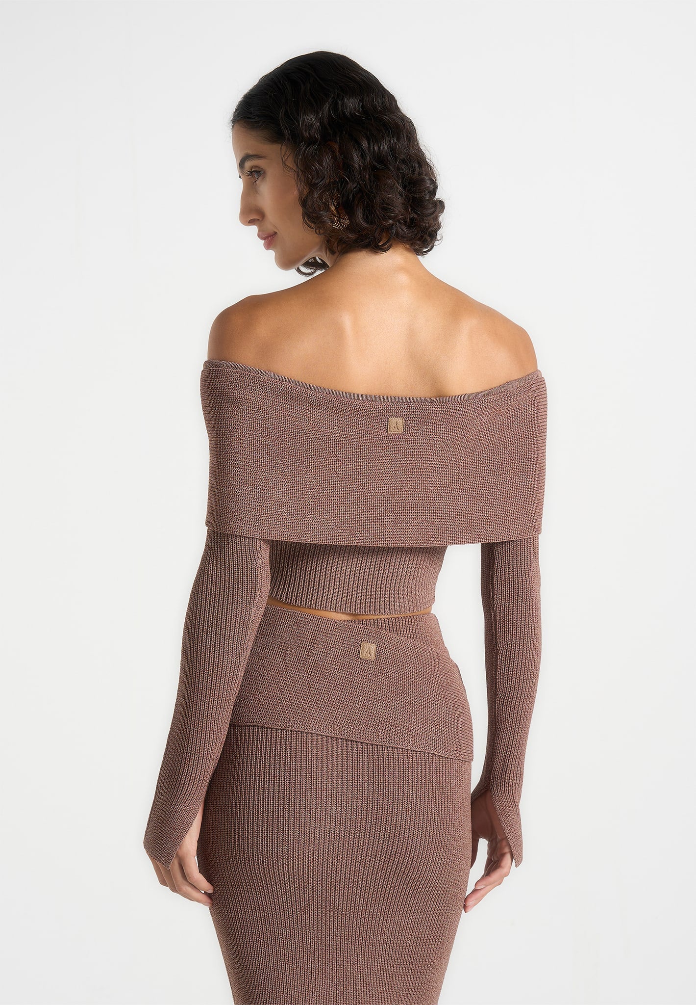 Shana - Asymmetric Bardot Top With Hardware Detail - Taupe - Image 4