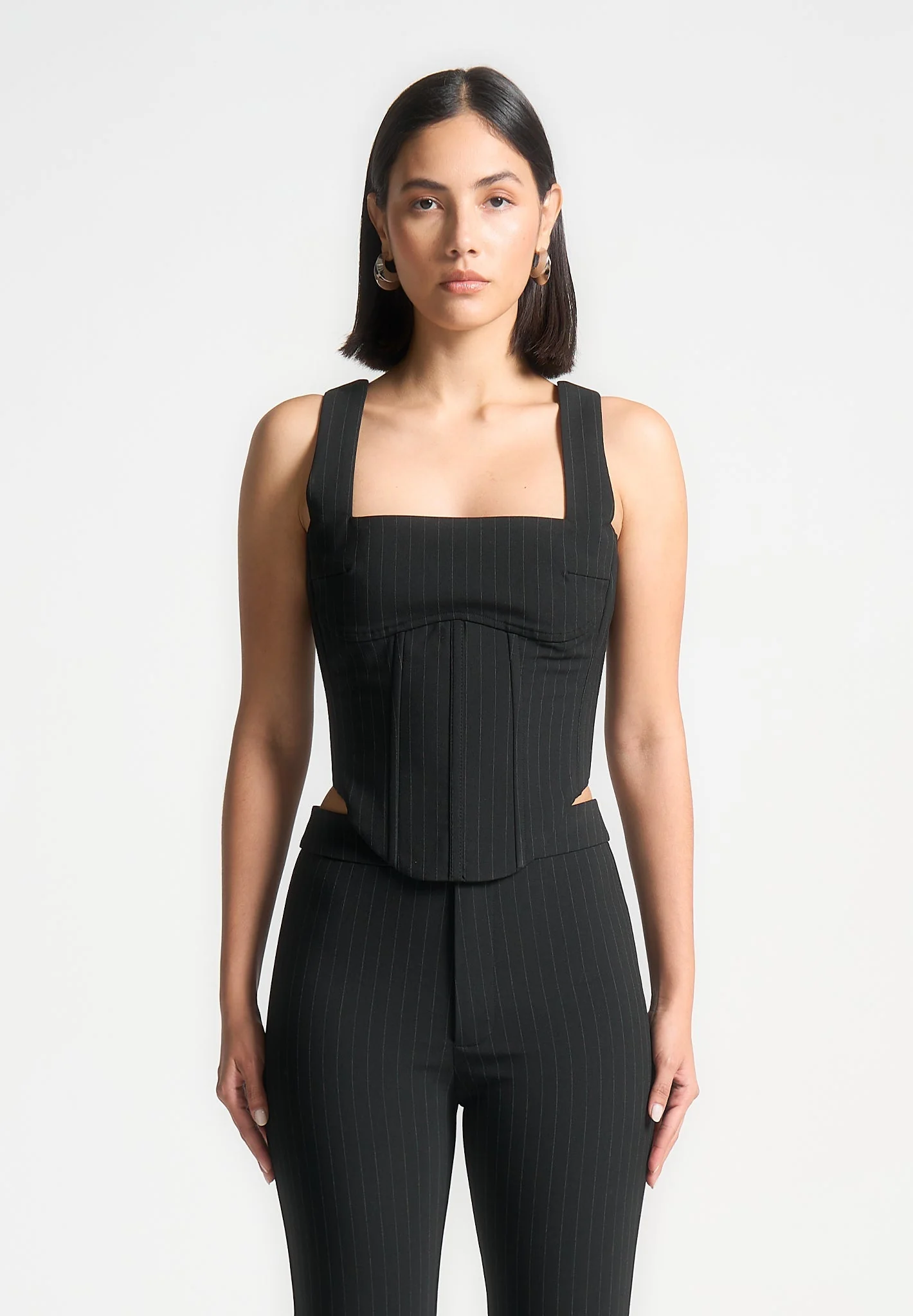 Square Neck Pinstripe Corset Top - Black - Image 3