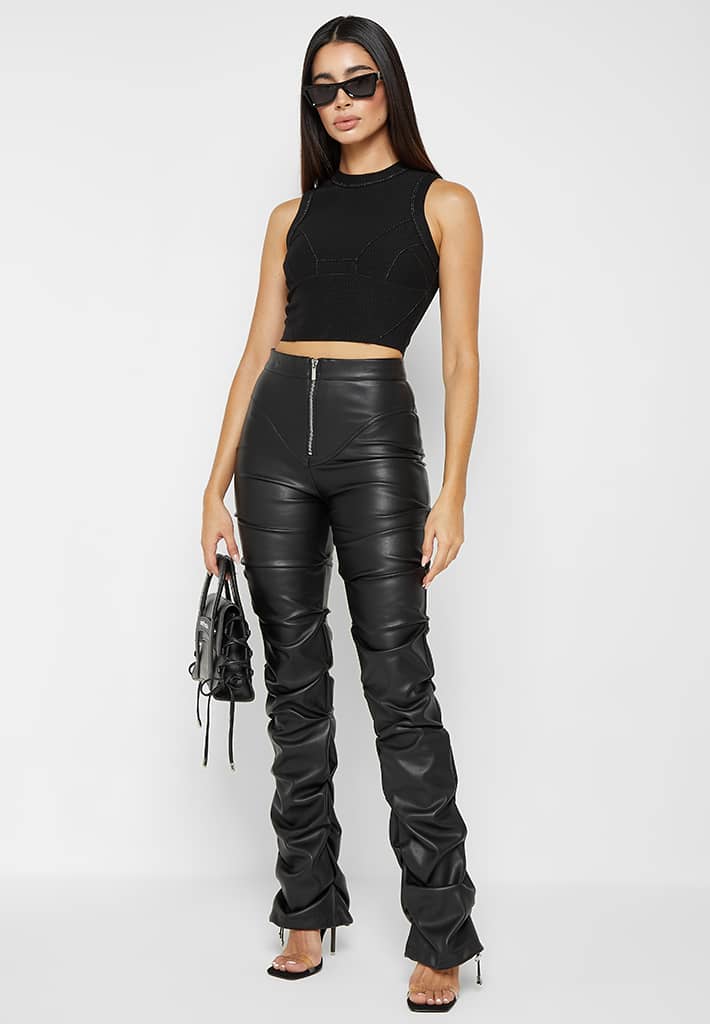 Tacked Leather Flared Trousers - Black - Image 3