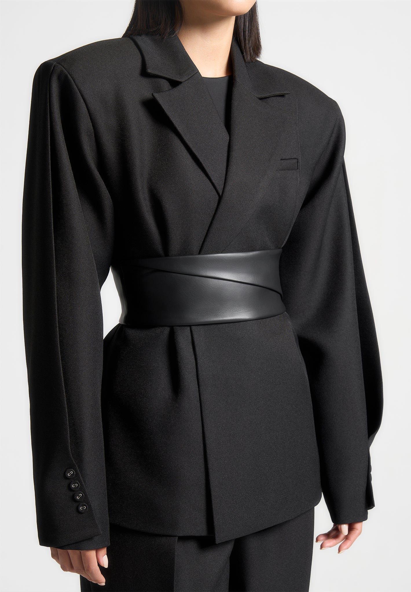 Marie - Twist Sleeve Tailored Blazer with Belt - Black - Image 4