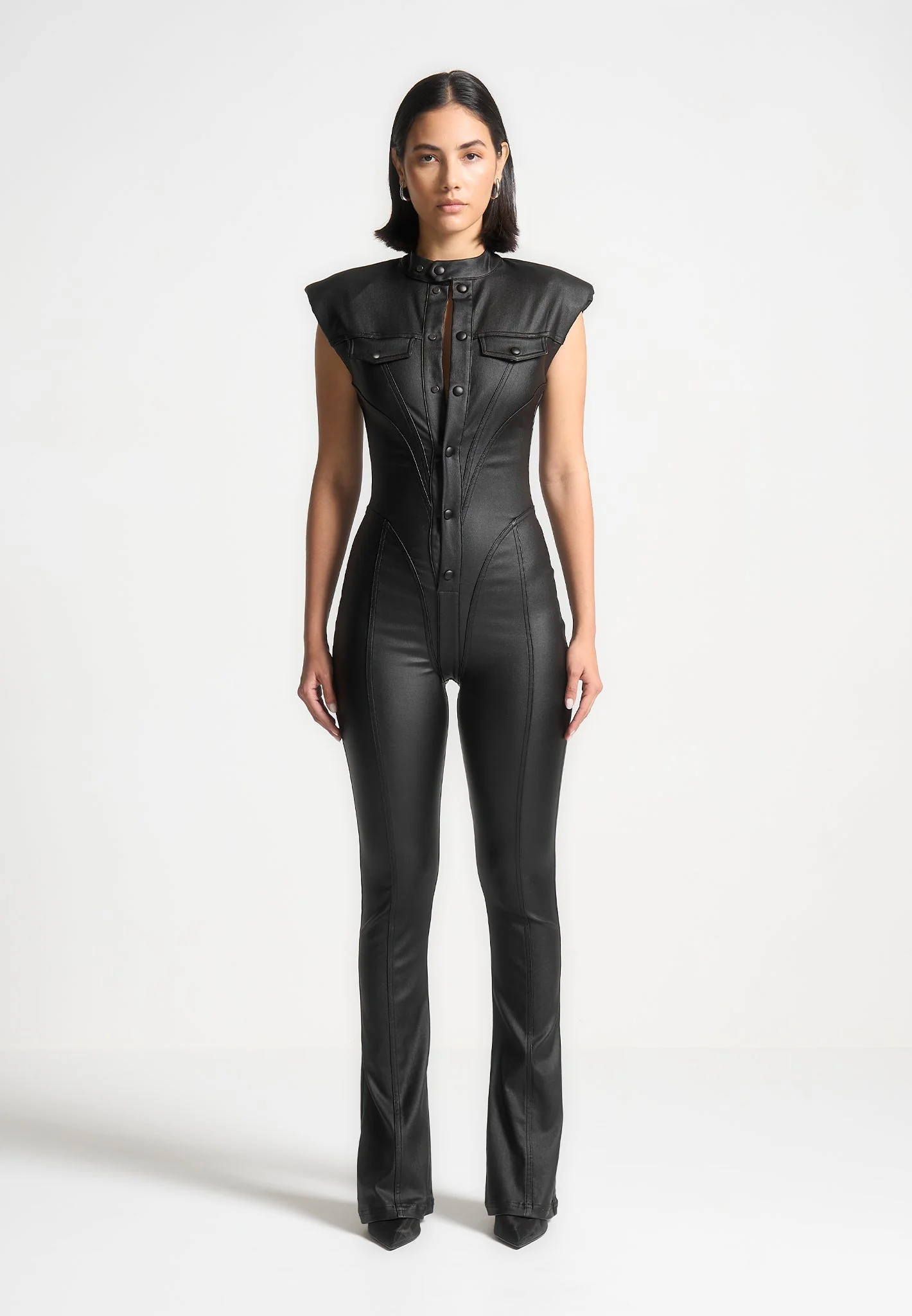 Annette - Wax Coated Denim Jumpsuit - Black - Image 3